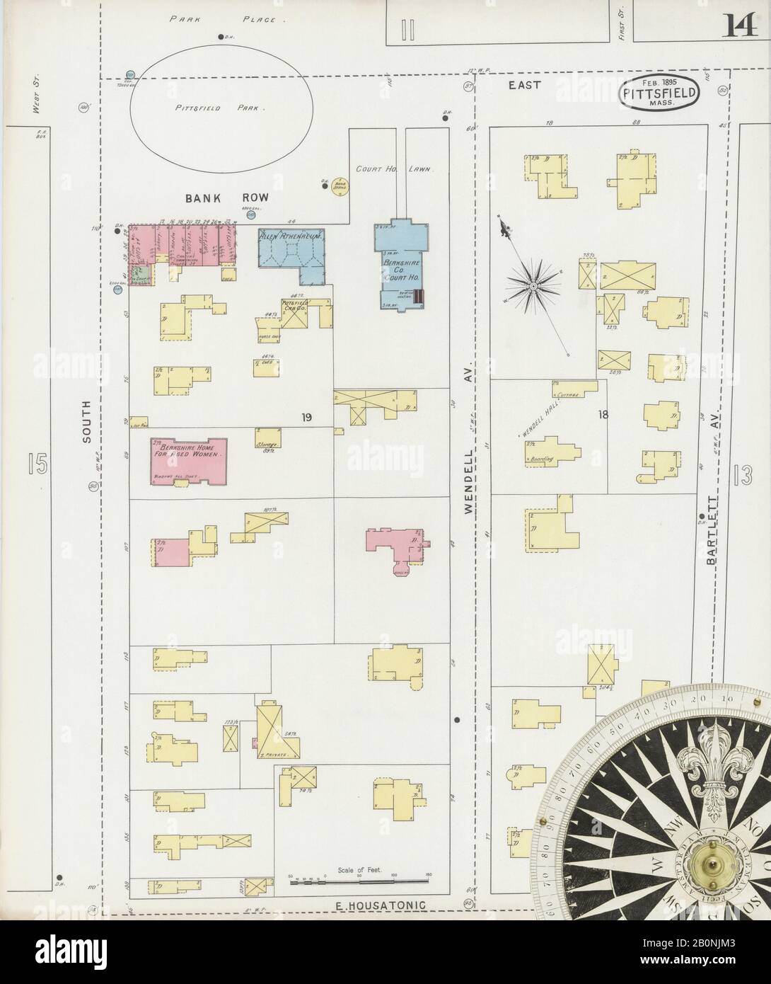 Immagine 14 Della Mappa Sanborn Fire Insurance Di Pittsfield, Berkshire County, Massachusetts. Feb 1895. 23 fogli, America, mappa stradale con una bussola Del Xix Secolo Foto Stock