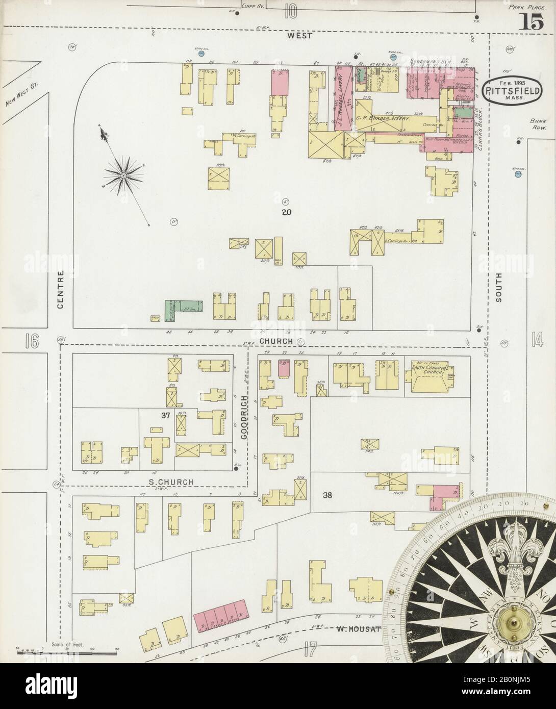 Immagine 15 Della Mappa Sanborn Fire Insurance Di Pittsfield, Berkshire County, Massachusetts. Feb 1895. 23 fogli, America, mappa stradale con una bussola Del Xix Secolo Foto Stock