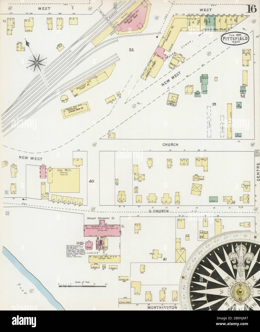Immagine 16 Della Mappa Sanborn Fire Insurance Di Pittsfield, Berkshire County, Massachusetts. Feb 1895. 23 fogli, America, mappa stradale con una bussola Del Xix Secolo Foto Stock