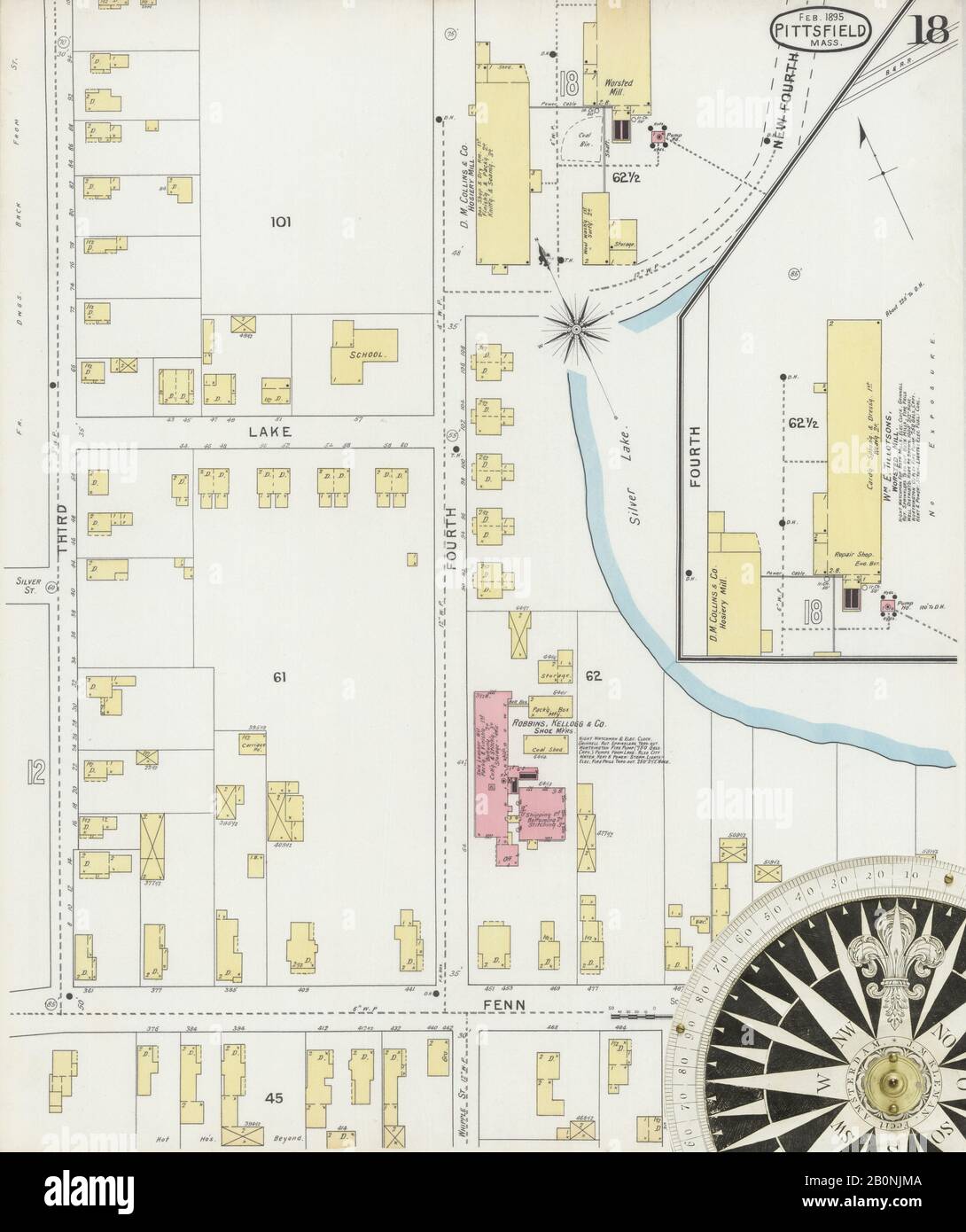 Immagine 18 Della Mappa Sanborn Fire Insurance Di Pittsfield, Berkshire County, Massachusetts. Feb 1895. 23 fogli, America, mappa stradale con una bussola Del Xix Secolo Foto Stock