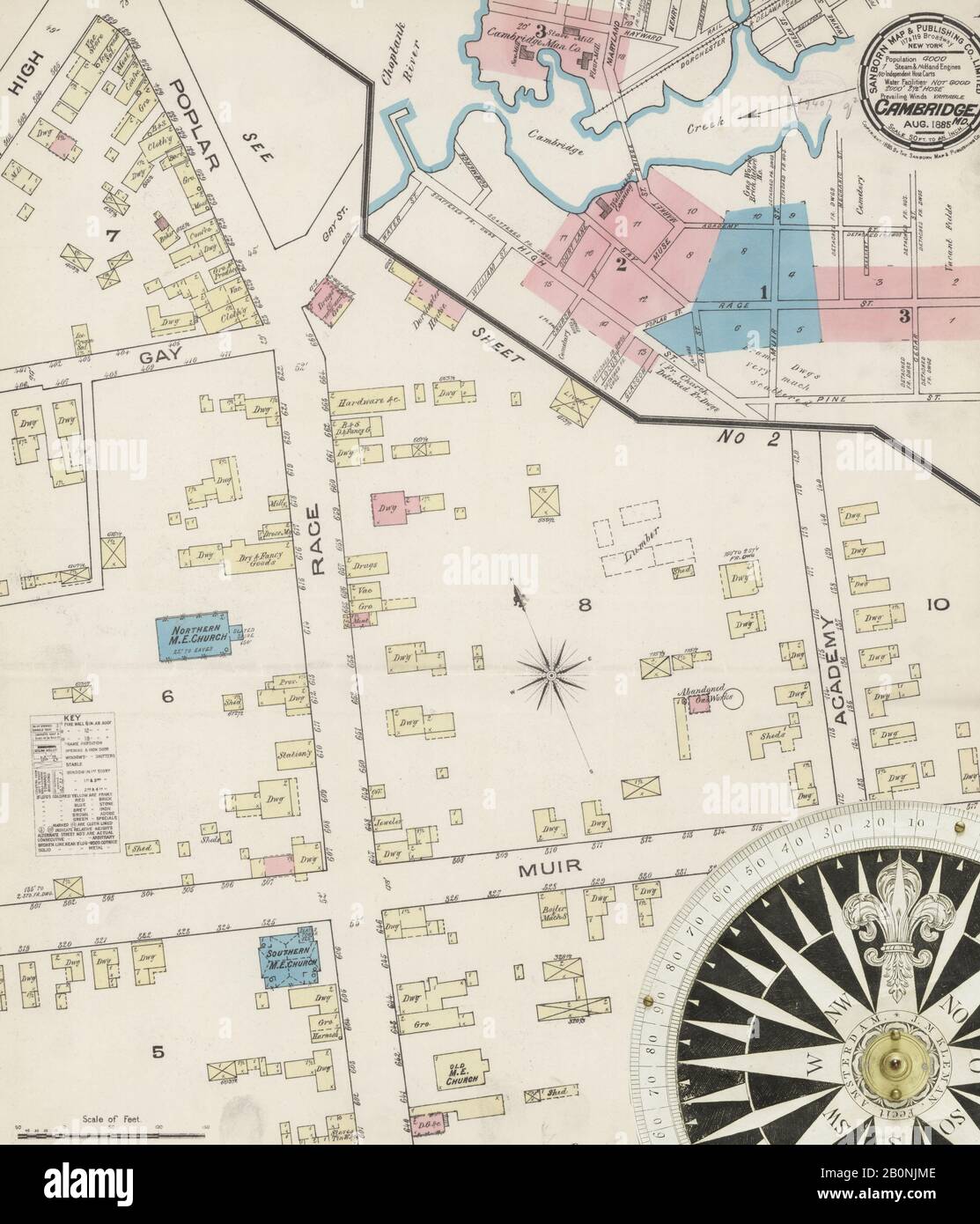 Immagine 1 Della Mappa Sanborn Fire Insurance Da Cambridge, Dorchester County, Maryland. Ago 1885. 3 fogli, America, mappa stradale con una bussola Del Xix Secolo Foto Stock