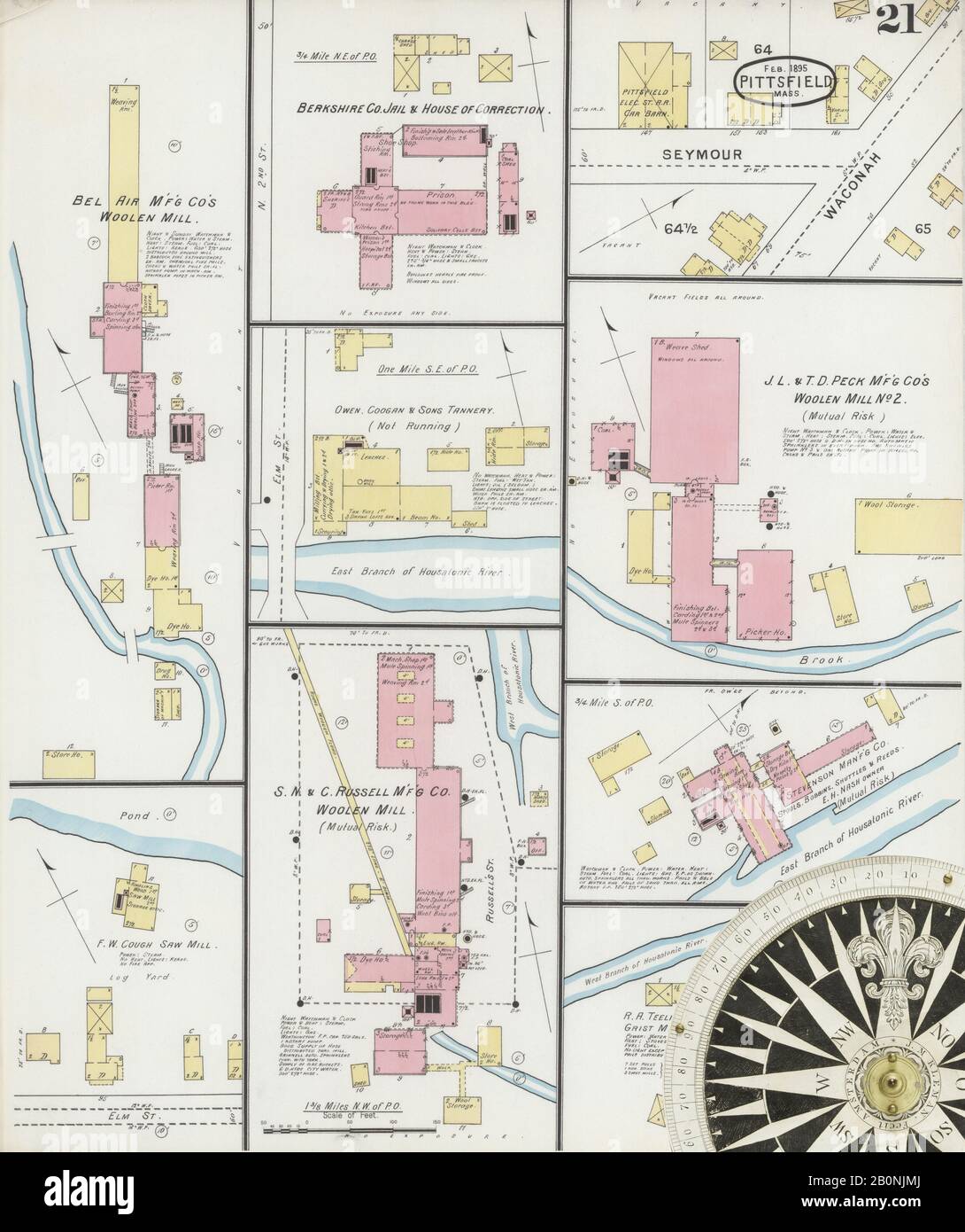 Immagine 21 Della Mappa Sanborn Fire Insurance Di Pittsfield, Berkshire County, Massachusetts. Feb 1895. 23 fogli, America, mappa stradale con una bussola Del Xix Secolo Foto Stock