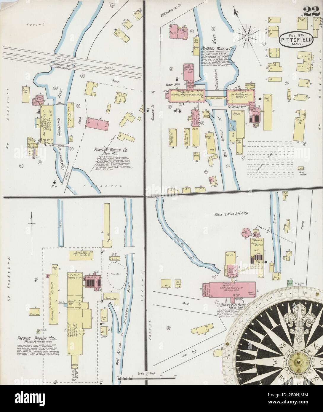 Immagine 22 Della Mappa Sanborn Fire Insurance Di Pittsfield, Berkshire County, Massachusetts. Feb 1895. 23 fogli, America, mappa stradale con una bussola Del Xix Secolo Foto Stock