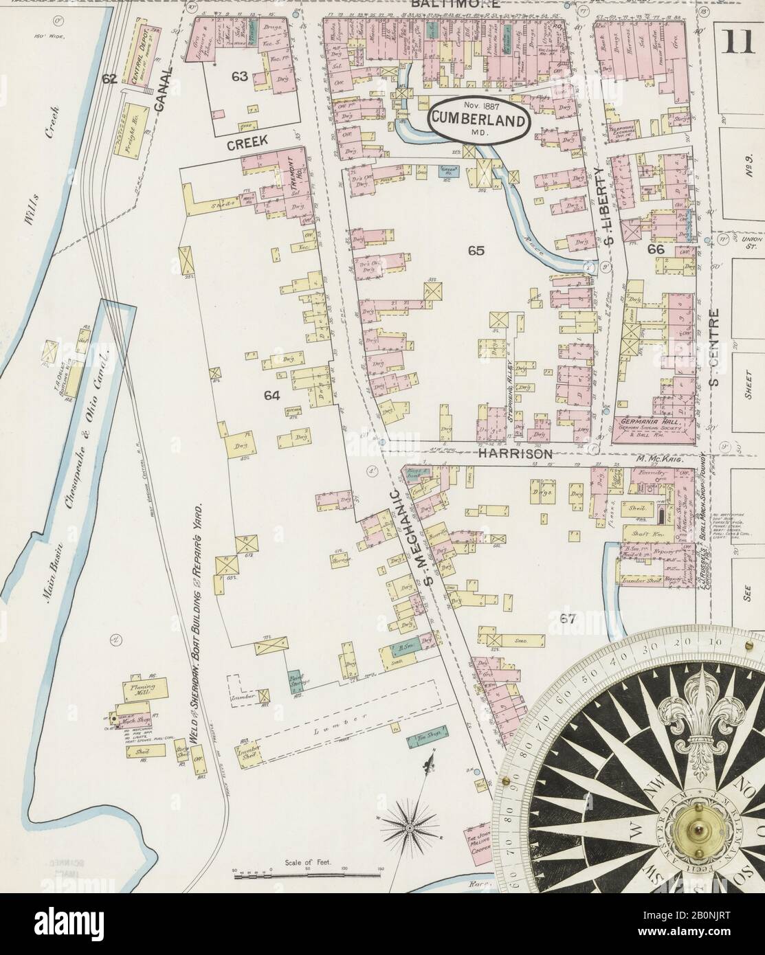 Immagine 11 Della Mappa Sanborn Fire Insurance Di Cumberland, Allegany County, Maryland. Nov 1887. 17 fogli, America, mappa stradale con una bussola Del Xix Secolo Foto Stock