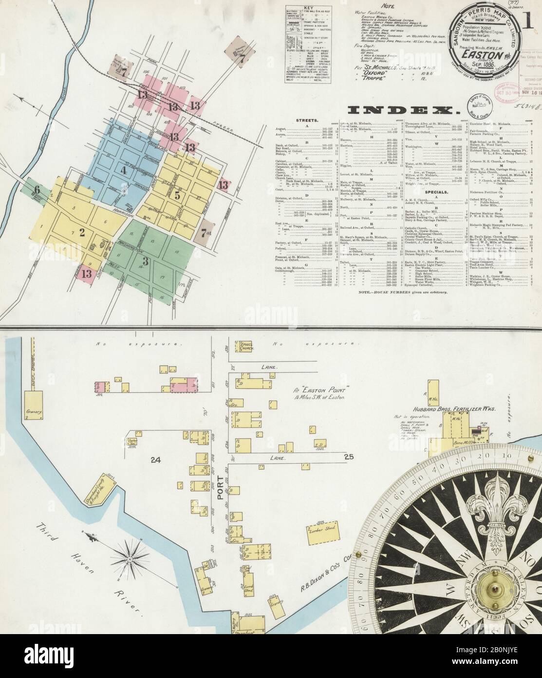 Immagine 1 Della Mappa Sanborn Fire Insurance Di Easton, Talbot County, Maryland. Set 1896. 13 fogli. Include Saint Michaels, Oxford, Trappe, America, mappa stradale con una bussola Del Xix Secolo Foto Stock