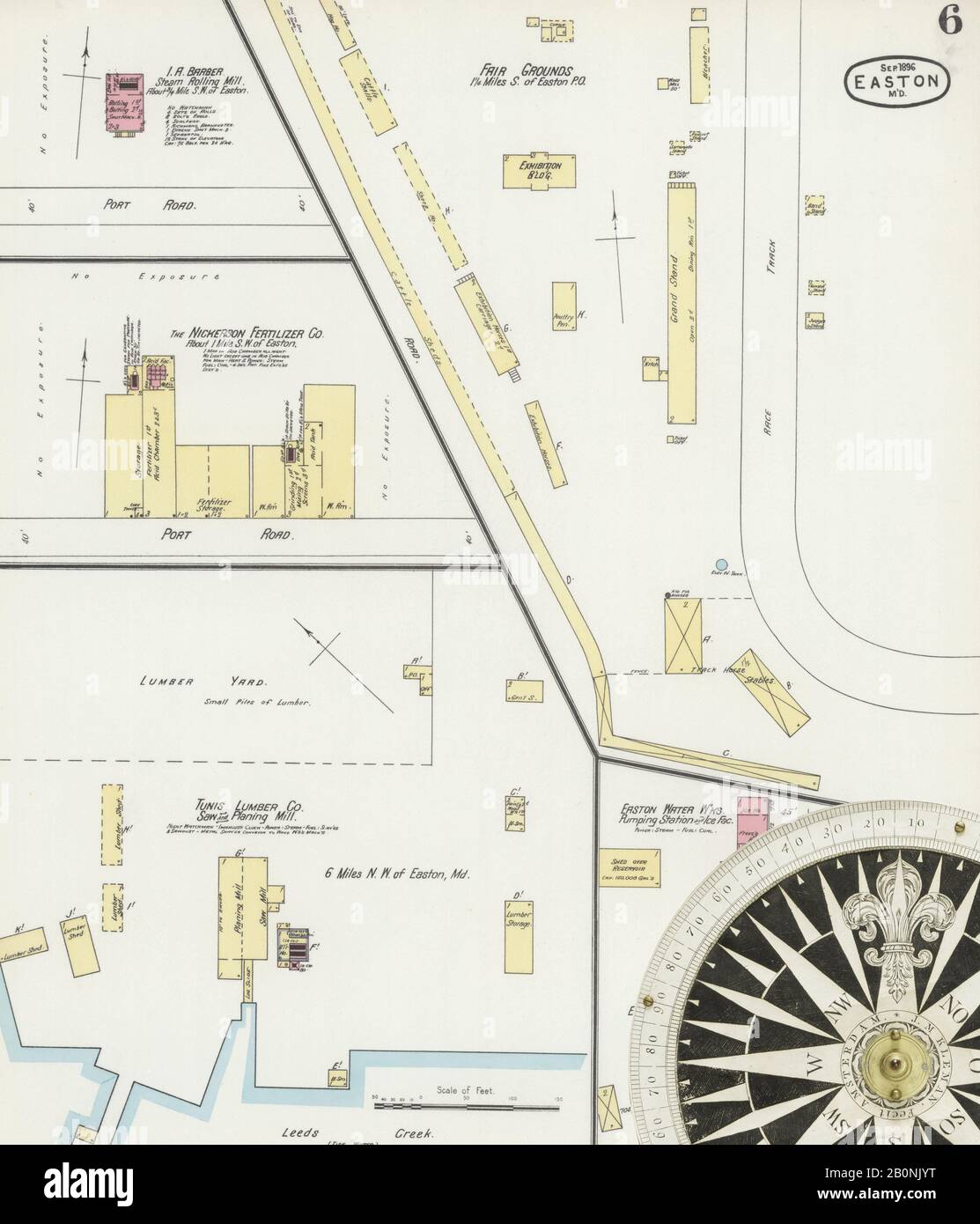 Immagine 6 Della Mappa Sanborn Fire Insurance Di Easton, Talbot County, Maryland. Set 1896. 13 fogli. Include Saint Michaels, Oxford, Trappe, America, mappa stradale con una bussola Del Xix Secolo Foto Stock