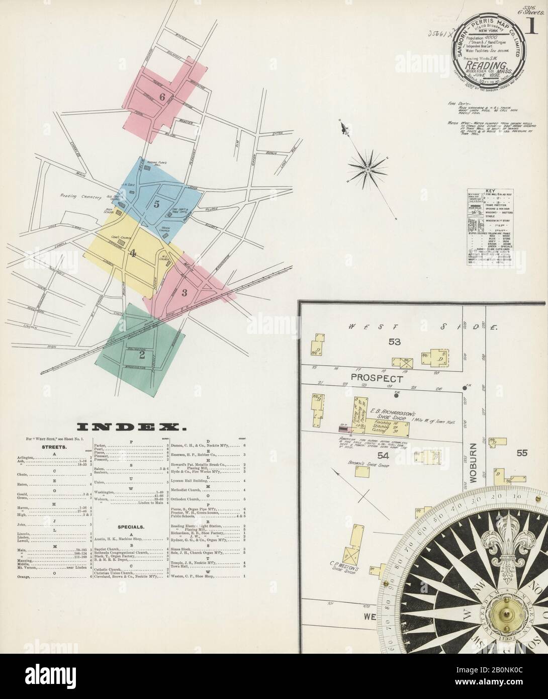 Immagine 1 Della Mappa Sanborn Fire Insurance Da Reading, Middlesex County, Massachusetts. Giu 1892. 6 fogli, America, mappa stradale con una bussola Del Xix Secolo Foto Stock