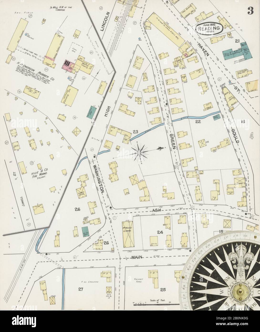 Immagine 3 Della Mappa Sanborn Fire Insurance Da Reading, Middlesex County, Massachusetts. Giu 1892. 6 fogli, America, mappa stradale con una bussola Del Xix Secolo Foto Stock