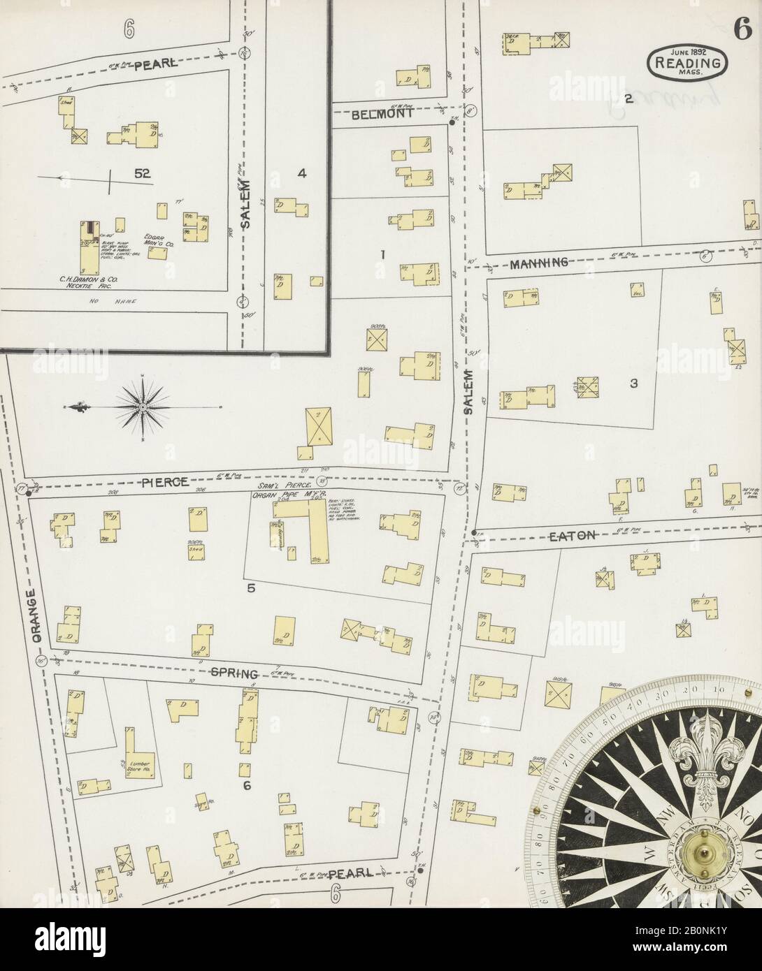 Immagine 6 Della Mappa Sanborn Fire Insurance Da Reading, Middlesex County, Massachusetts. Giu 1892. 6 fogli, America, mappa stradale con una bussola Del Xix Secolo Foto Stock