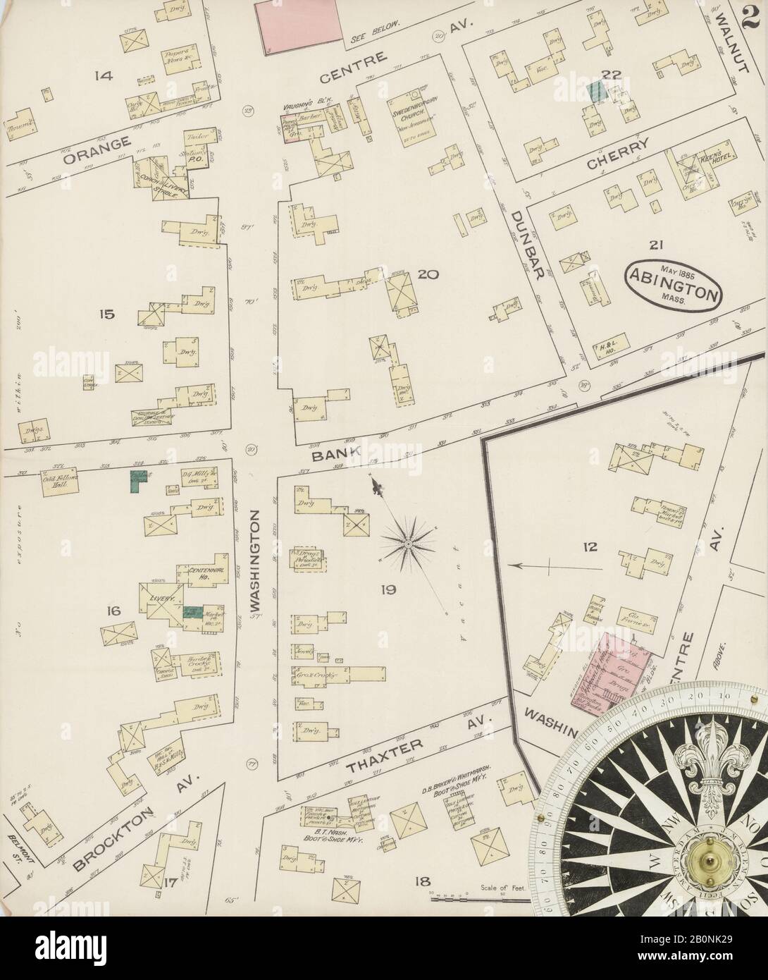 Immagine 2 Della Mappa Sanborn Fire Insurance Di Abington, Plymouth County, Massachusetts. Maggio 1885. 5 fogli, America, mappa stradale con una bussola Del Xix Secolo Foto Stock