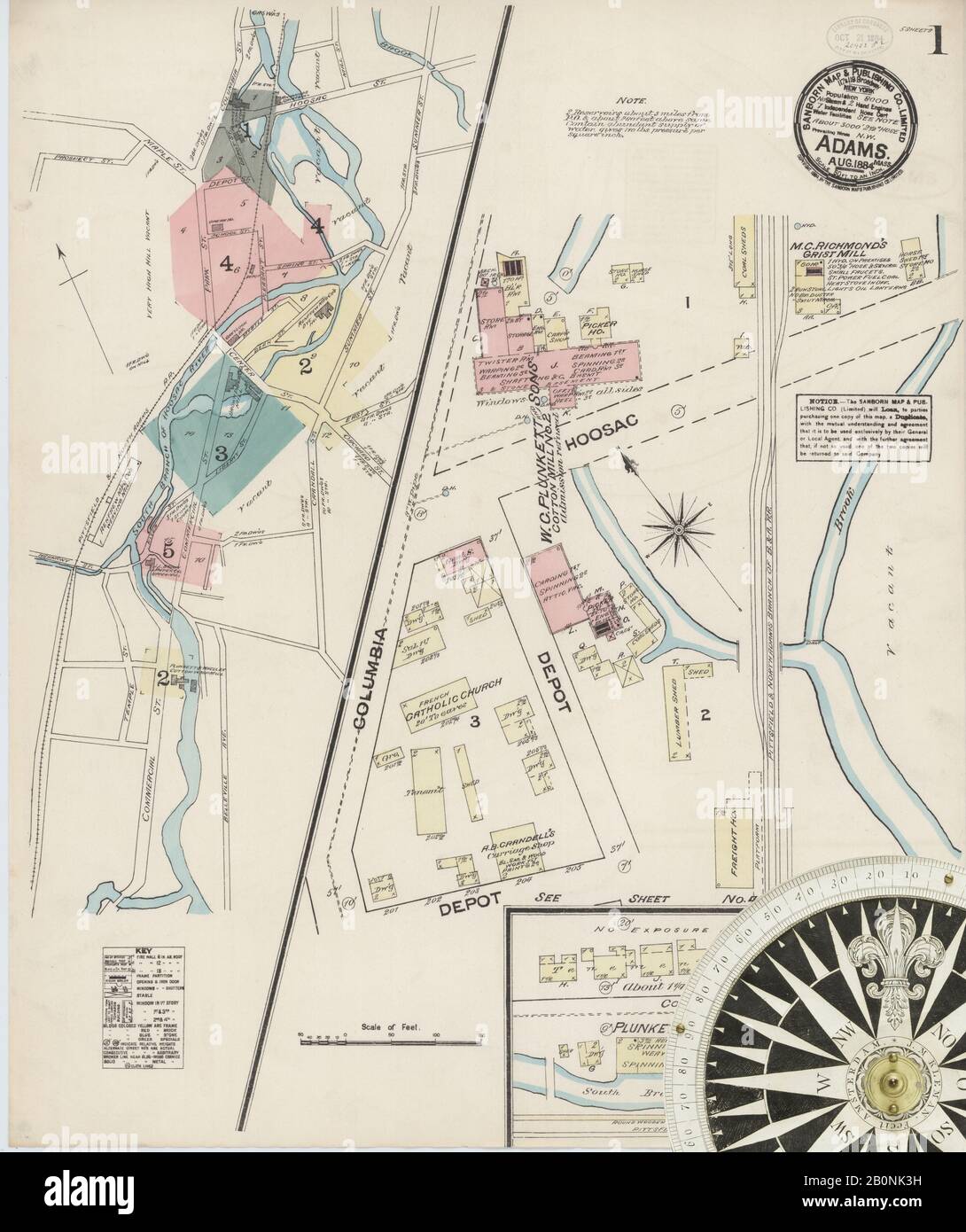 Immagine 1 Della Mappa Sanborn Fire Insurance Di Adams, Berkshire County, Massachusetts. Ago 1884. 5 fogli, America, mappa stradale con una bussola Del Xix Secolo Foto Stock