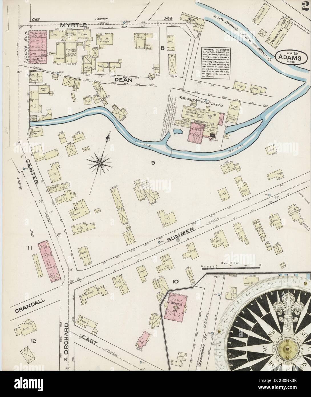 Immagine 2 Della Mappa Sanborn Fire Insurance Di Adams, Berkshire County, Massachusetts. Ago 1884. 5 fogli, America, mappa stradale con una bussola Del Xix Secolo Foto Stock