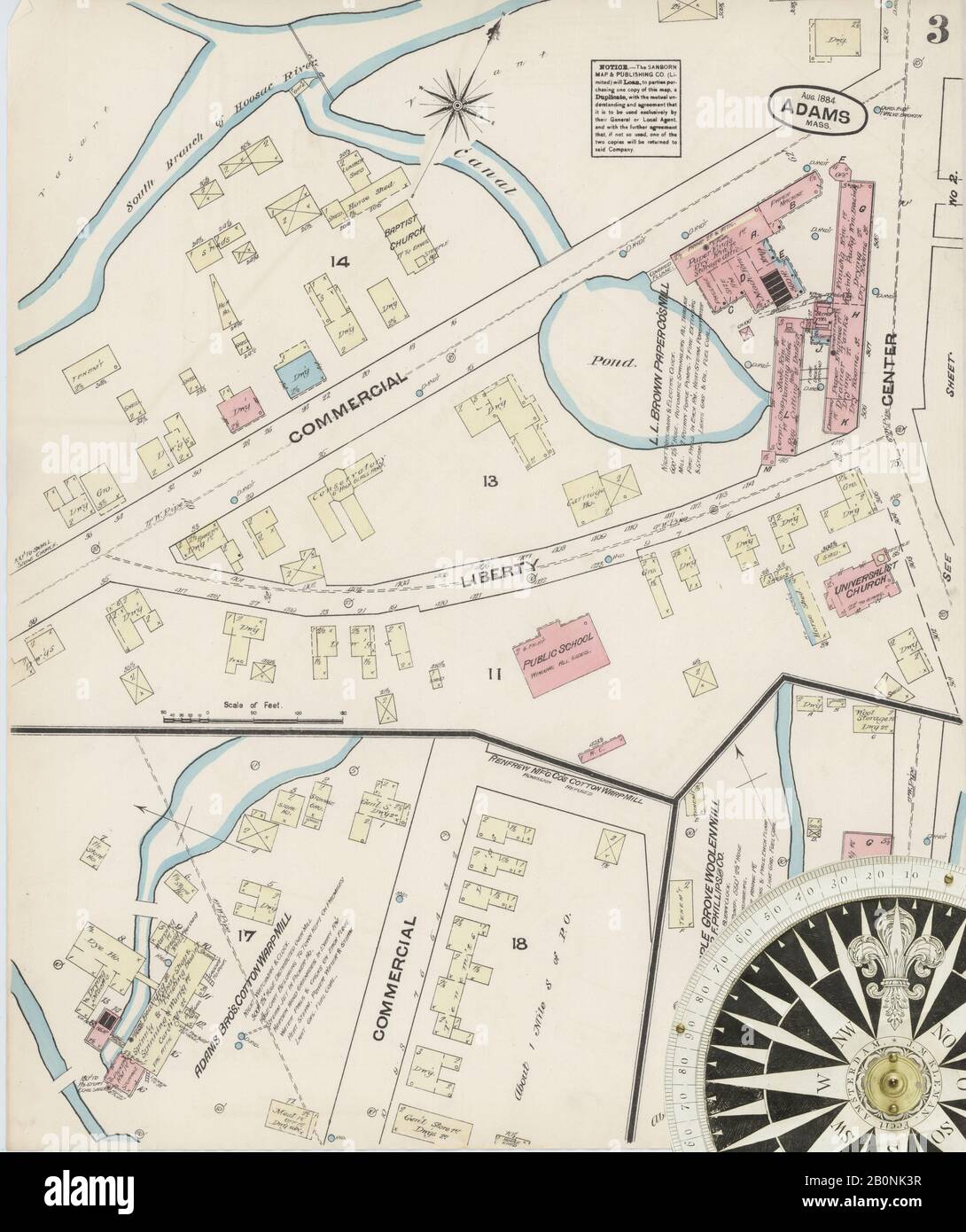 Immagine 3 Della Mappa Sanborn Fire Insurance Di Adams, Berkshire County, Massachusetts. Ago 1884. 5 fogli, America, mappa stradale con una bussola Del Xix Secolo Foto Stock