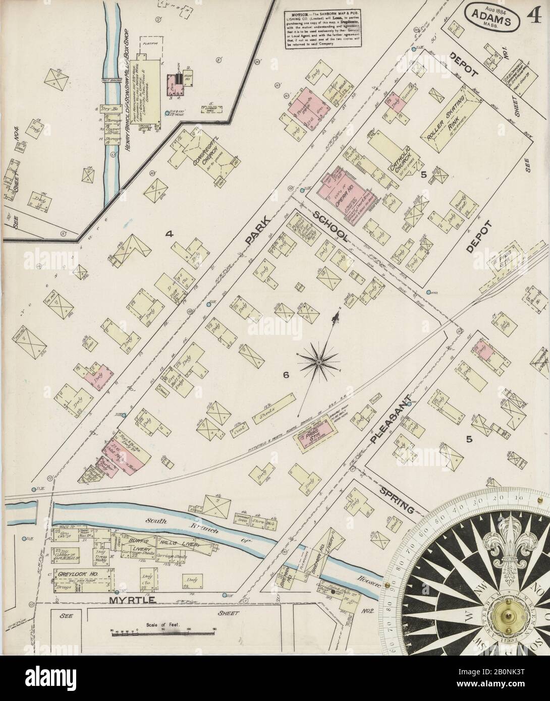 Immagine 4 Della Mappa Sanborn Fire Insurance Di Adams, Berkshire County, Massachusetts. Ago 1884. 5 fogli, America, mappa stradale con una bussola Del Xix Secolo Foto Stock