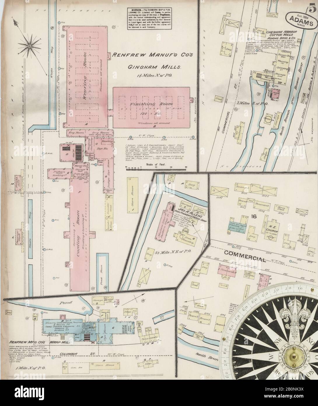 Immagine 5 Della Mappa Sanborn Fire Insurance Di Adams, Berkshire County, Massachusetts. Ago 1884. 5 fogli, America, mappa stradale con una bussola Del Xix Secolo Foto Stock
