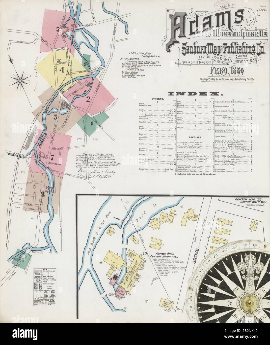 Immagine 1 Della Mappa Sanborn Fire Insurance Di Adams, Berkshire County, Massachusetts. Feb 1889. 9 fogli, America, mappa stradale con una bussola Del Xix Secolo Foto Stock