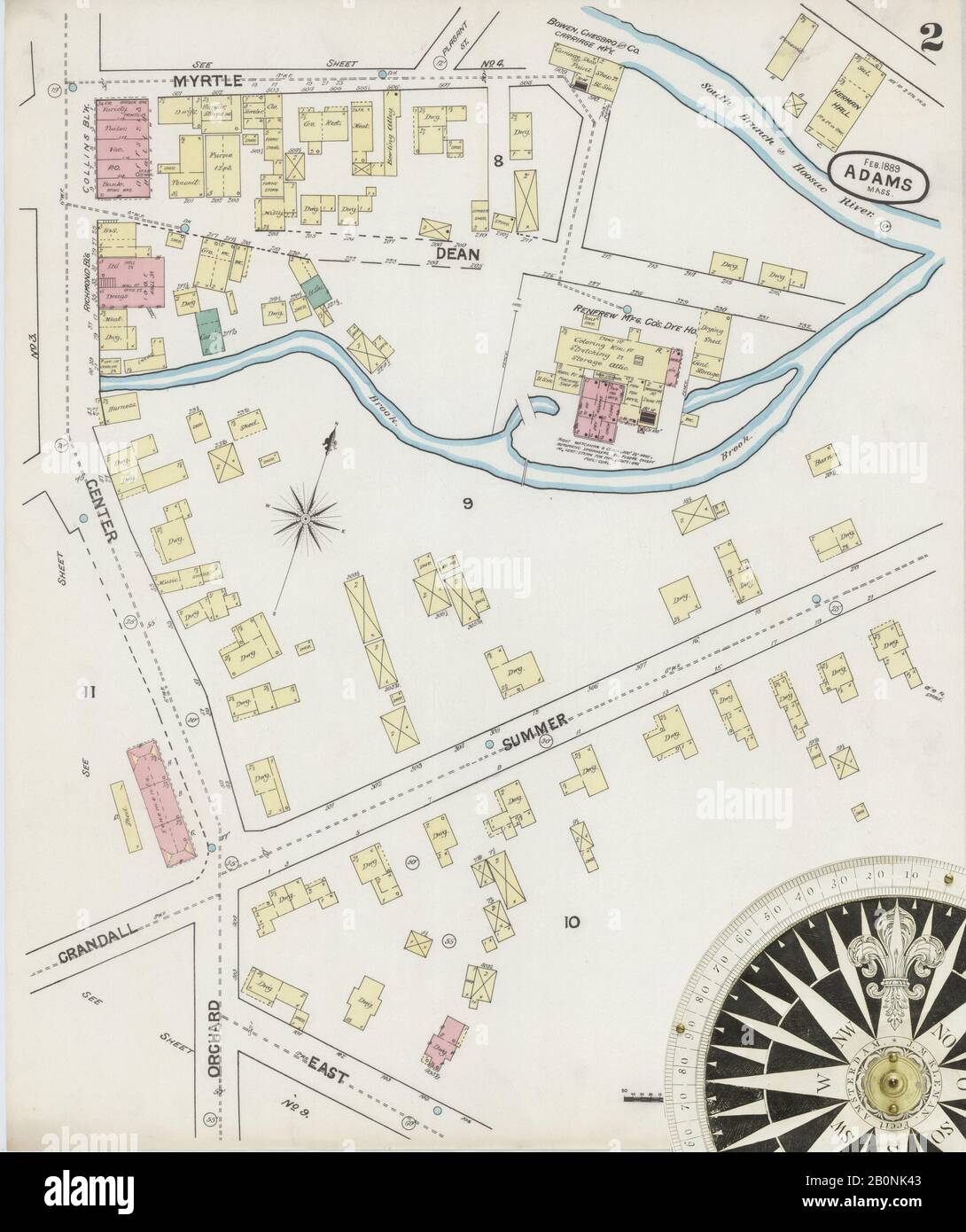 Immagine 2 Della Mappa Sanborn Fire Insurance Di Adams, Berkshire County, Massachusetts. Feb 1889. 9 fogli, America, mappa stradale con una bussola Del Xix Secolo Foto Stock