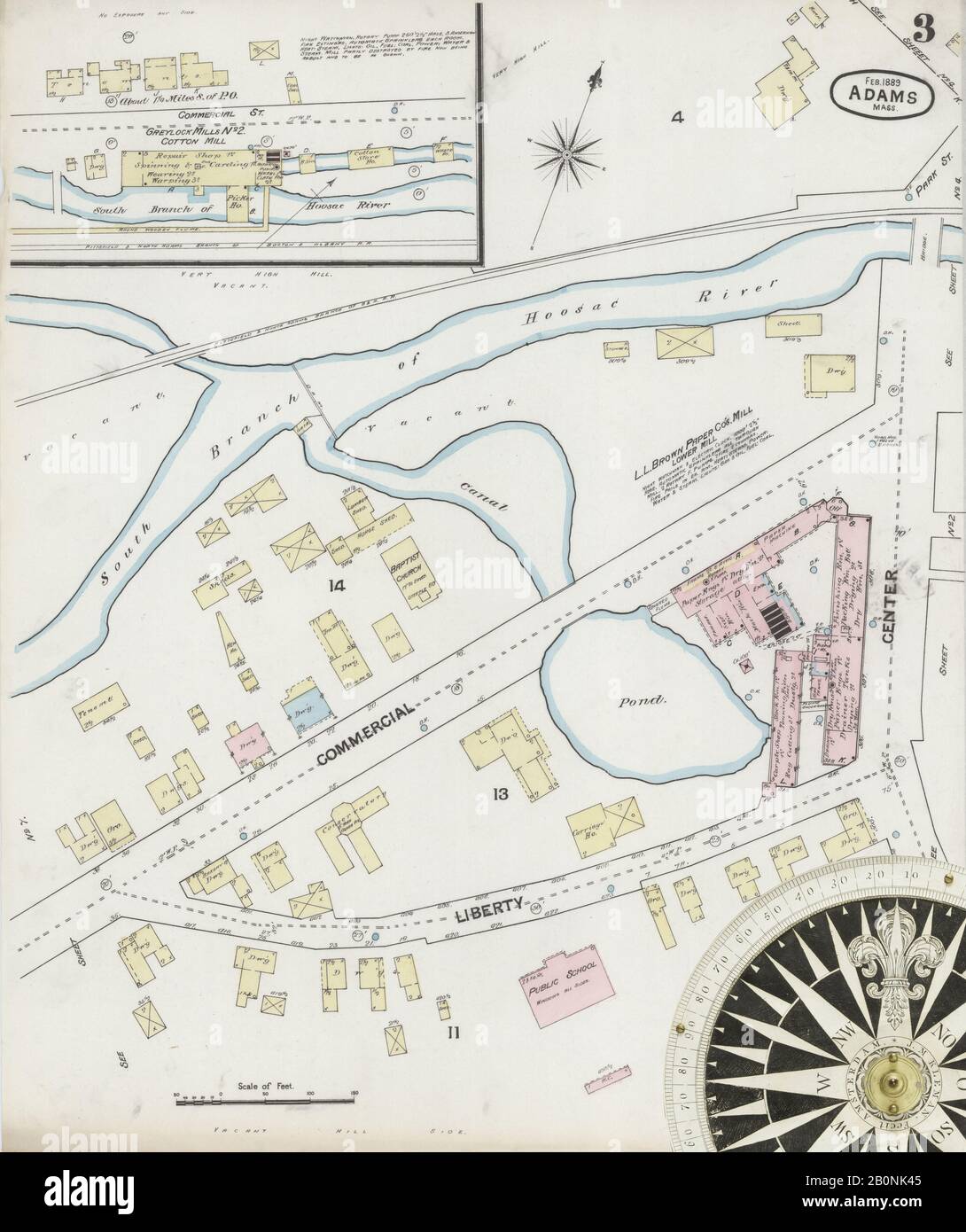 Immagine 3 Della Mappa Sanborn Fire Insurance Di Adams, Berkshire County, Massachusetts. Feb 1889. 9 fogli, America, mappa stradale con una bussola Del Xix Secolo Foto Stock