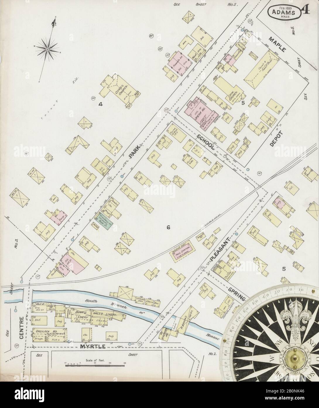 Immagine 4 Della Mappa Sanborn Fire Insurance Di Adams, Berkshire County, Massachusetts. Feb 1889. 9 fogli, America, mappa stradale con una bussola Del Xix Secolo Foto Stock