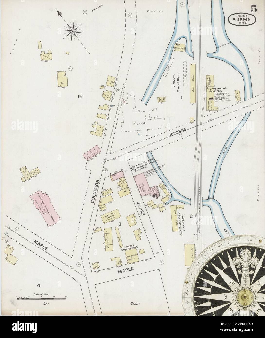 Immagine 5 Della Mappa Sanborn Fire Insurance Di Adams, Berkshire County, Massachusetts. Feb 1889. 9 fogli, America, mappa stradale con una bussola Del Xix Secolo Foto Stock