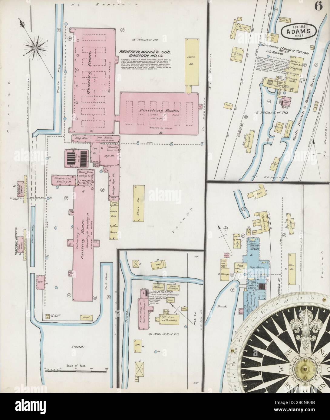 Immagine 6 Della Mappa Sanborn Fire Insurance Di Adams, Berkshire County, Massachusetts. Feb 1889. 9 fogli, America, mappa stradale con una bussola Del Xix Secolo Foto Stock