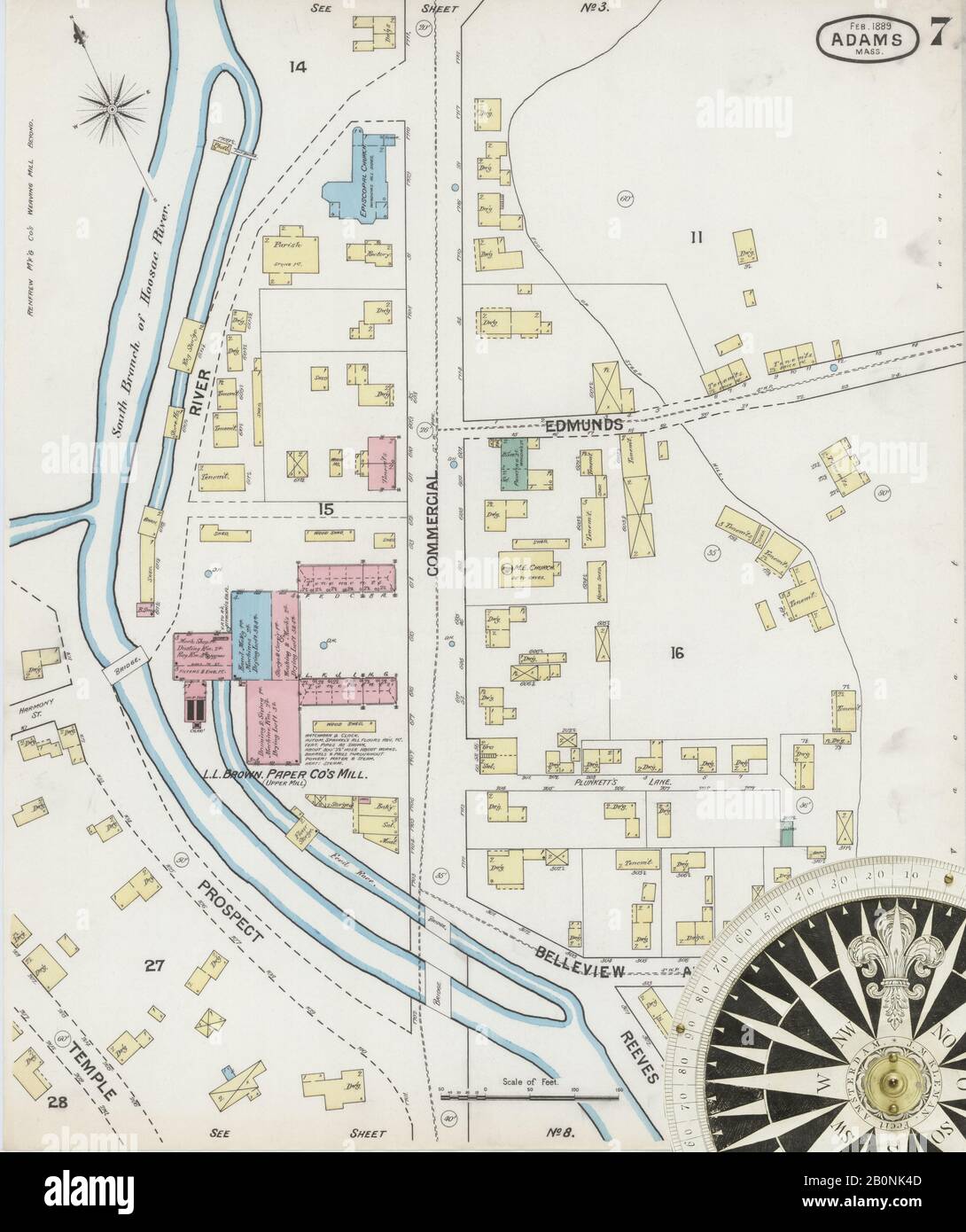Immagine 7 Della Mappa Sanborn Fire Insurance Di Adams, Berkshire County, Massachusetts. Feb 1889. 9 fogli, America, mappa stradale con una bussola Del Xix Secolo Foto Stock