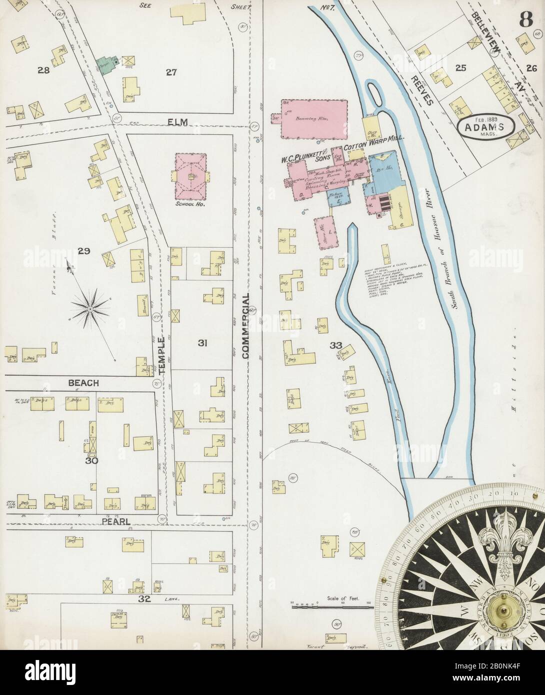 Immagine 8 Della Mappa Sanborn Fire Insurance Di Adams, Berkshire County, Massachusetts. Feb 1889. 9 fogli, America, mappa stradale con una bussola Del Xix Secolo Foto Stock