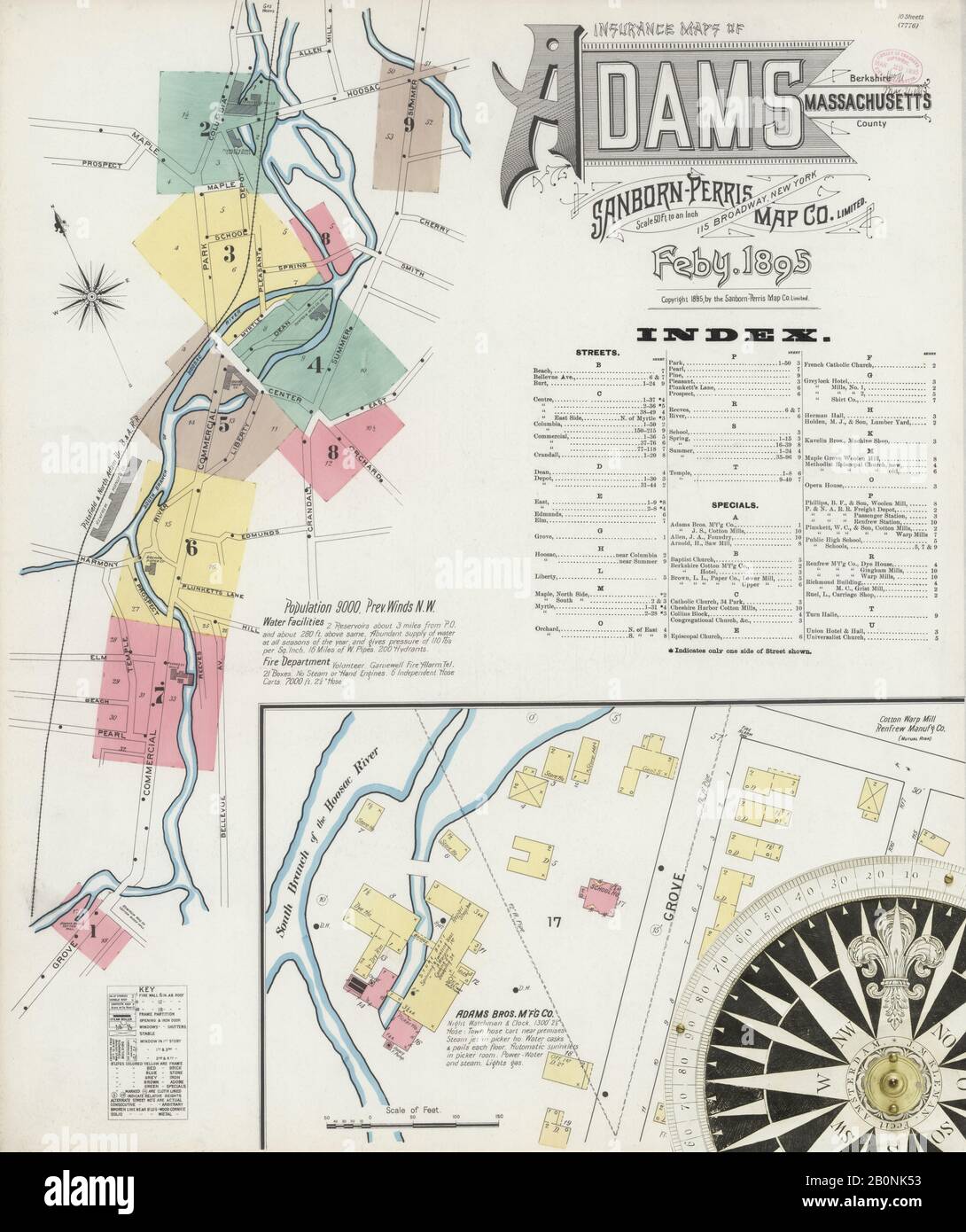 Immagine 1 Della Mappa Sanborn Fire Insurance Di Adams, Berkshire County, Massachusetts. Feb 1895. 10 fogli, America, mappa stradale con una bussola Del Xix Secolo Foto Stock