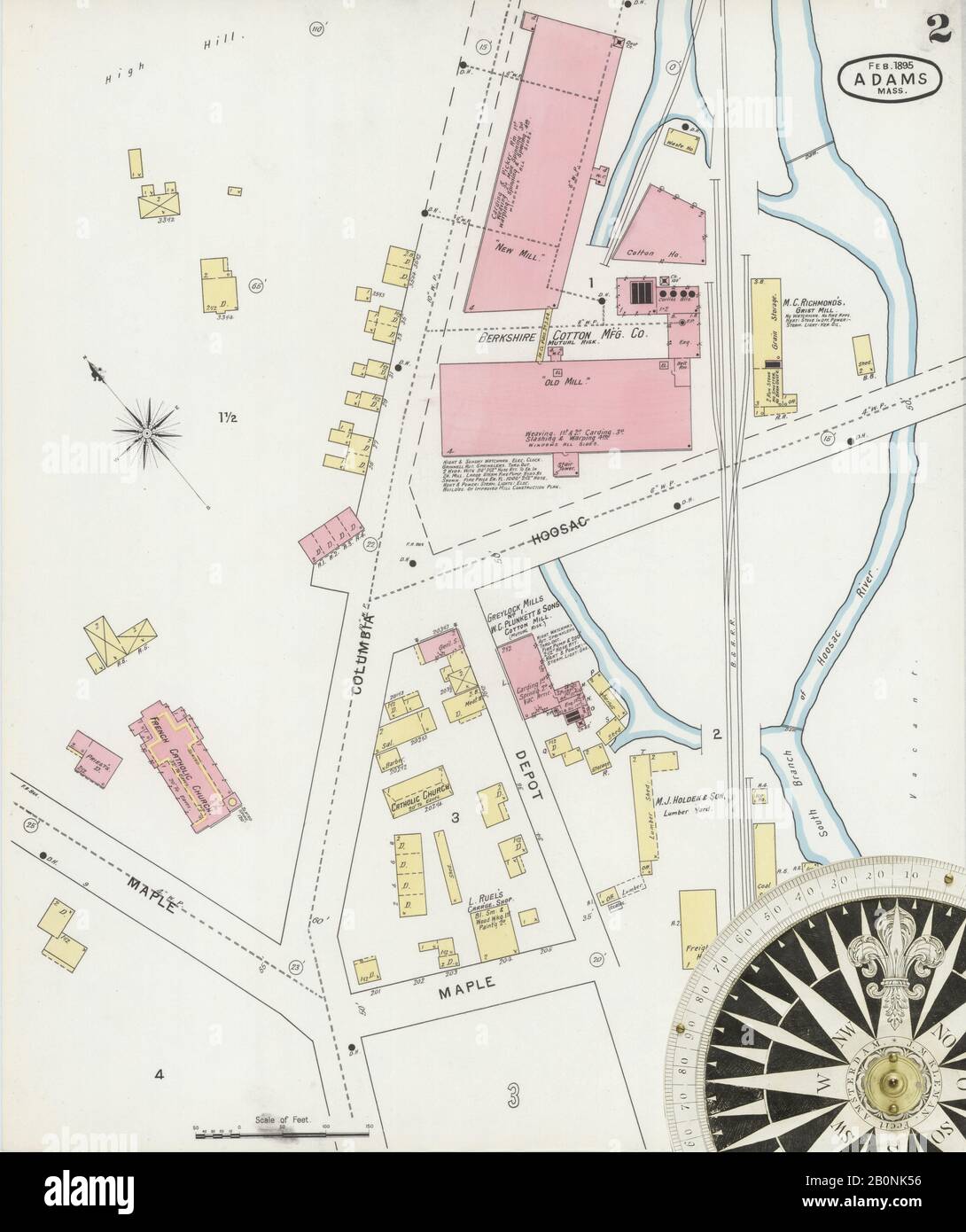 Immagine 2 Della Mappa Sanborn Fire Insurance Di Adams, Berkshire County, Massachusetts. Feb 1895. 10 fogli, America, mappa stradale con una bussola Del Xix Secolo Foto Stock