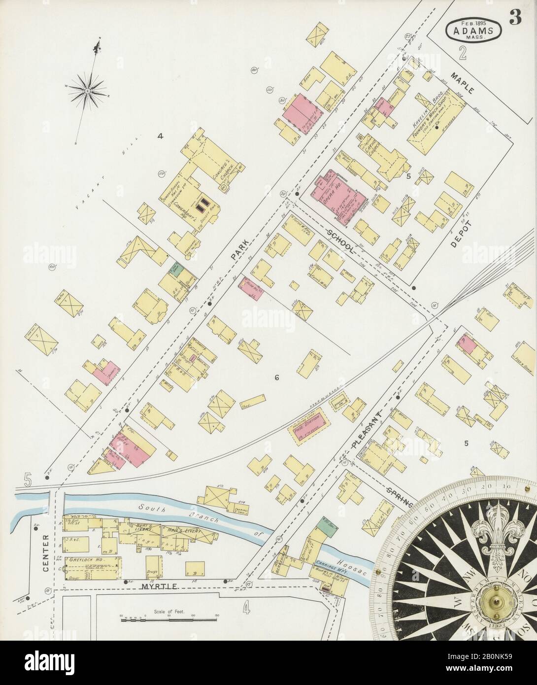 Immagine 3 Della Mappa Sanborn Fire Insurance Di Adams, Berkshire County, Massachusetts. Feb 1895. 10 fogli, America, mappa stradale con una bussola Del Xix Secolo Foto Stock