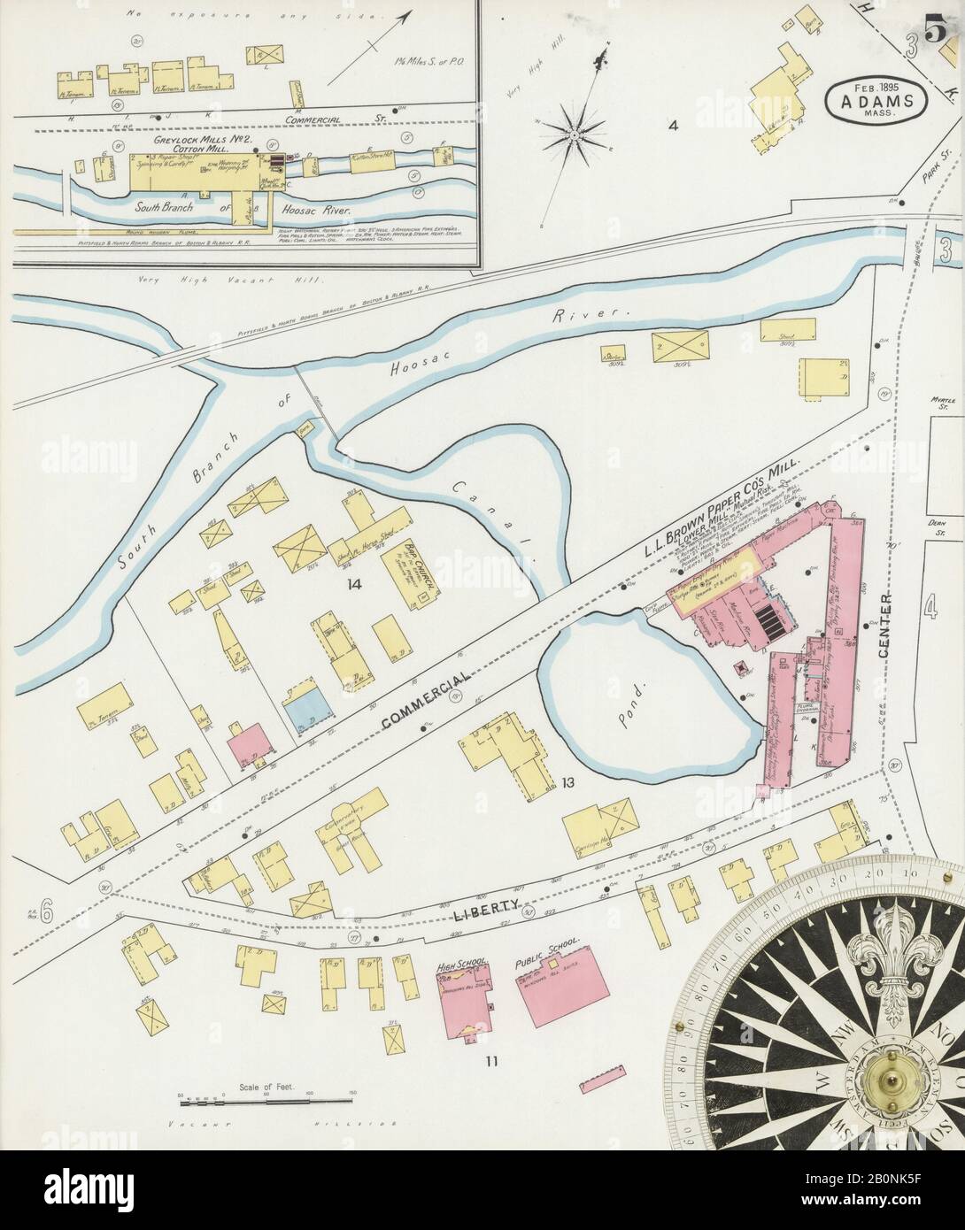 Immagine 5 Della Mappa Sanborn Fire Insurance Di Adams, Berkshire County, Massachusetts. Feb 1895. 10 fogli, America, mappa stradale con una bussola Del Xix Secolo Foto Stock