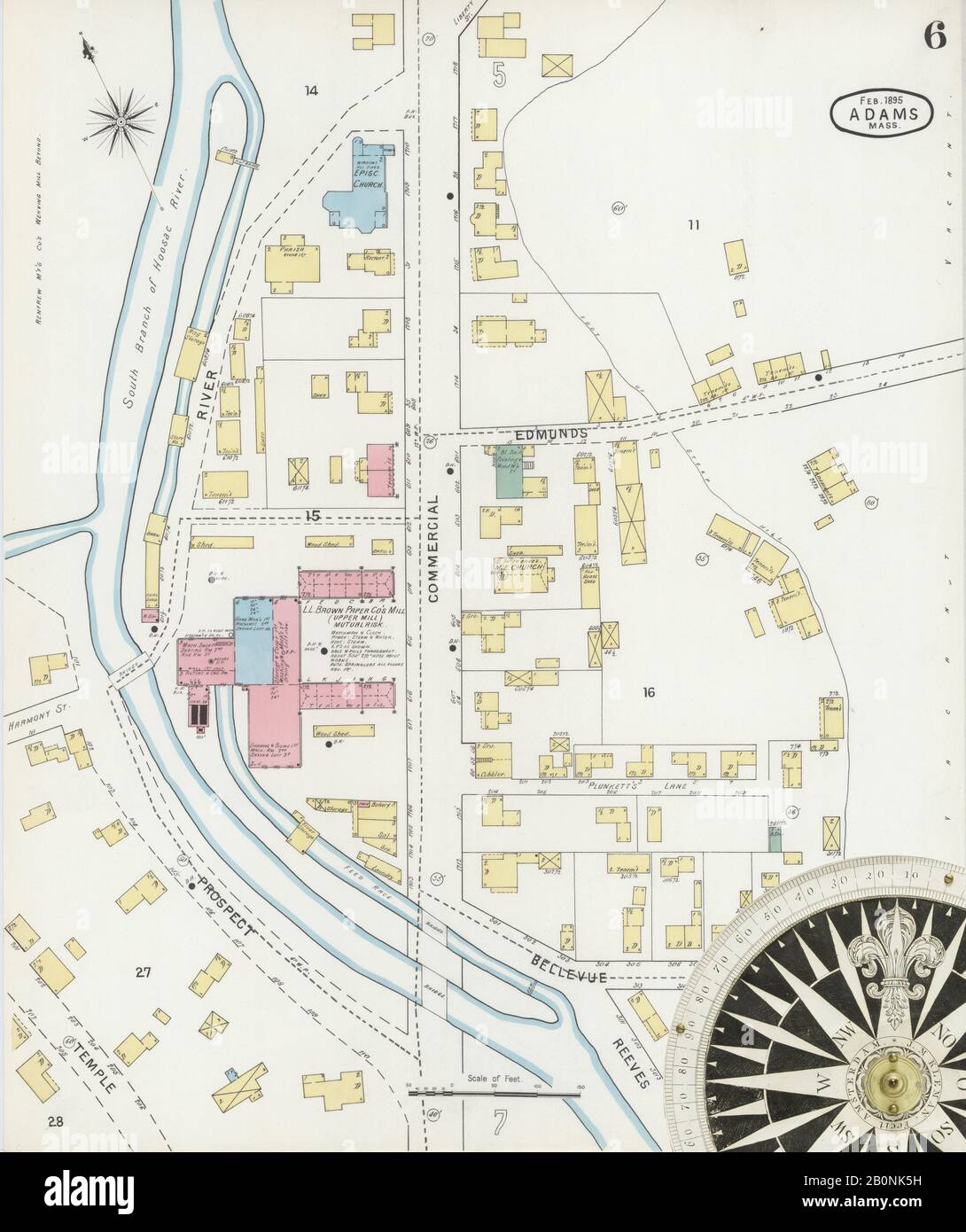 Immagine 6 Della Mappa Sanborn Fire Insurance Di Adams, Berkshire County, Massachusetts. Feb 1895. 10 fogli, America, mappa stradale con una bussola Del Xix Secolo Foto Stock