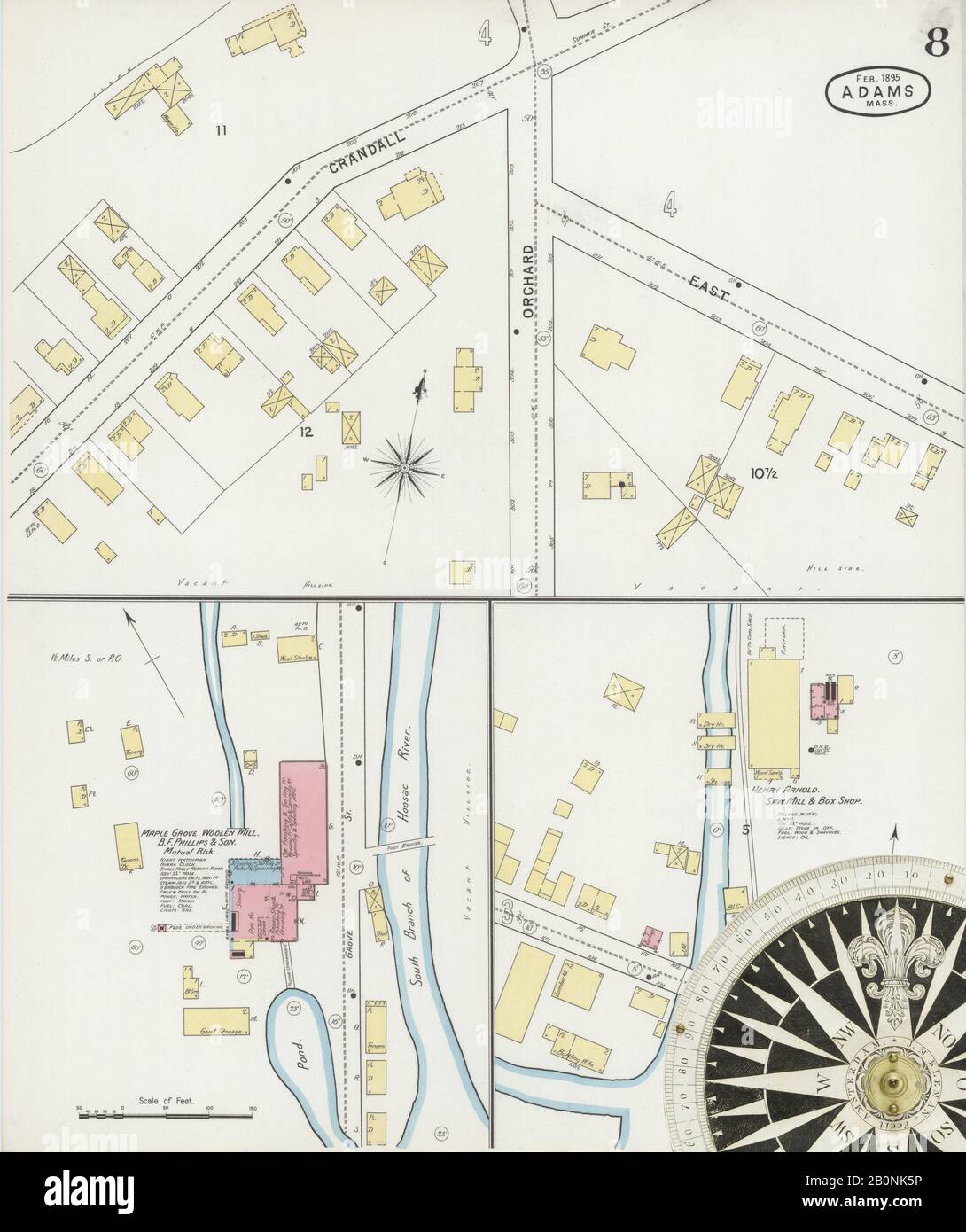 Immagine 8 Della Mappa Sanborn Fire Insurance Di Adams, Berkshire County, Massachusetts. Feb 1895. 10 fogli, America, mappa stradale con una bussola Del Xix Secolo Foto Stock