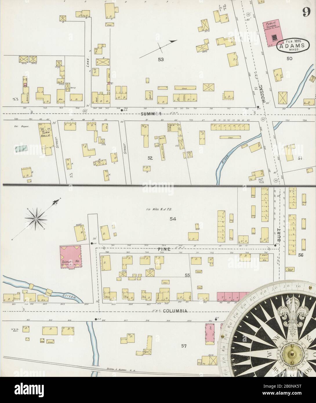 Immagine 9 Della Mappa Sanborn Fire Insurance Di Adams, Berkshire County, Massachusetts. Feb 1895. 10 fogli, America, mappa stradale con una bussola Del Xix Secolo Foto Stock