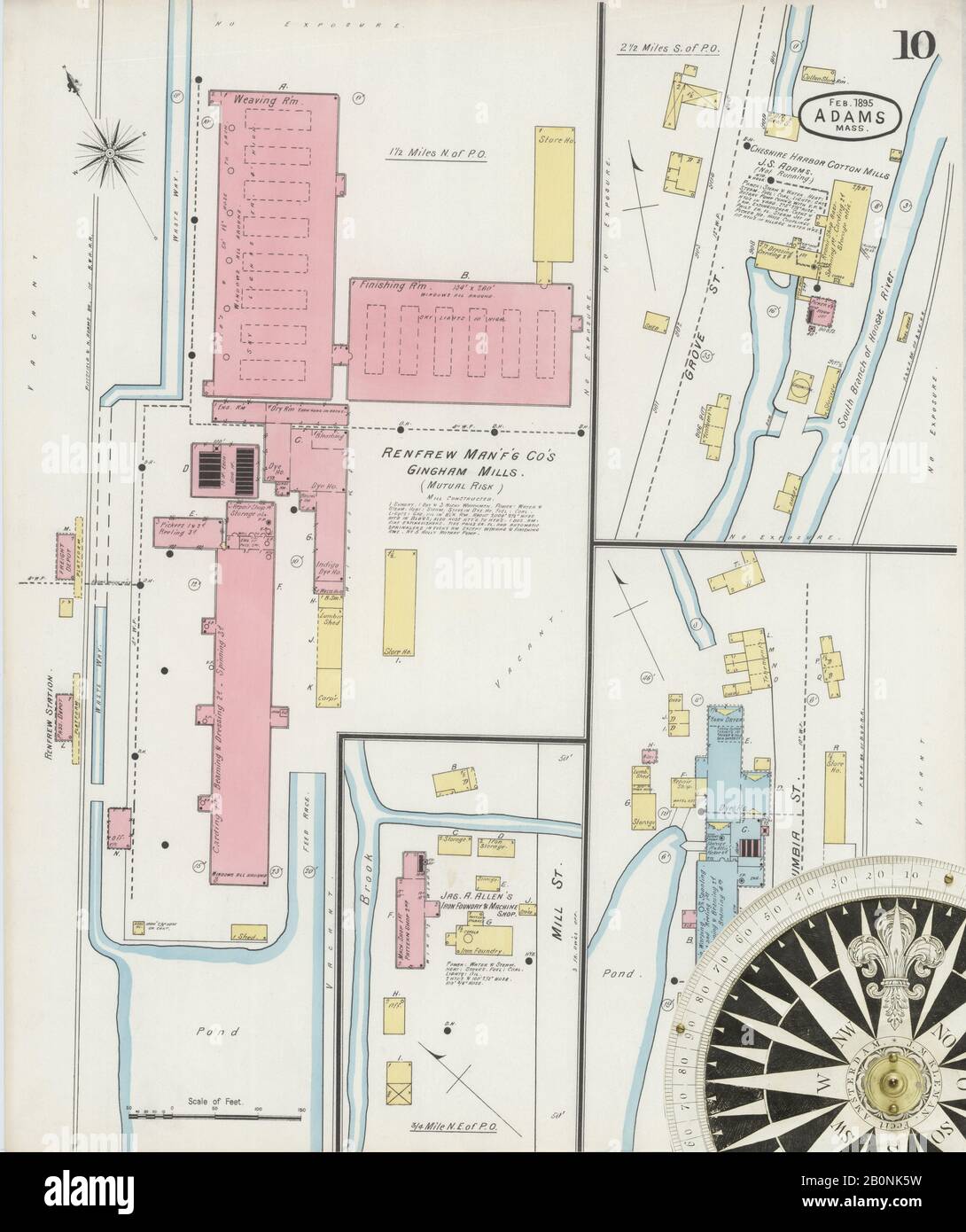 Immagine 10 Della Mappa Sanborn Fire Insurance Di Adams, Berkshire County, Massachusetts. Feb 1895. 10 fogli, America, mappa stradale con una bussola Del Xix Secolo Foto Stock