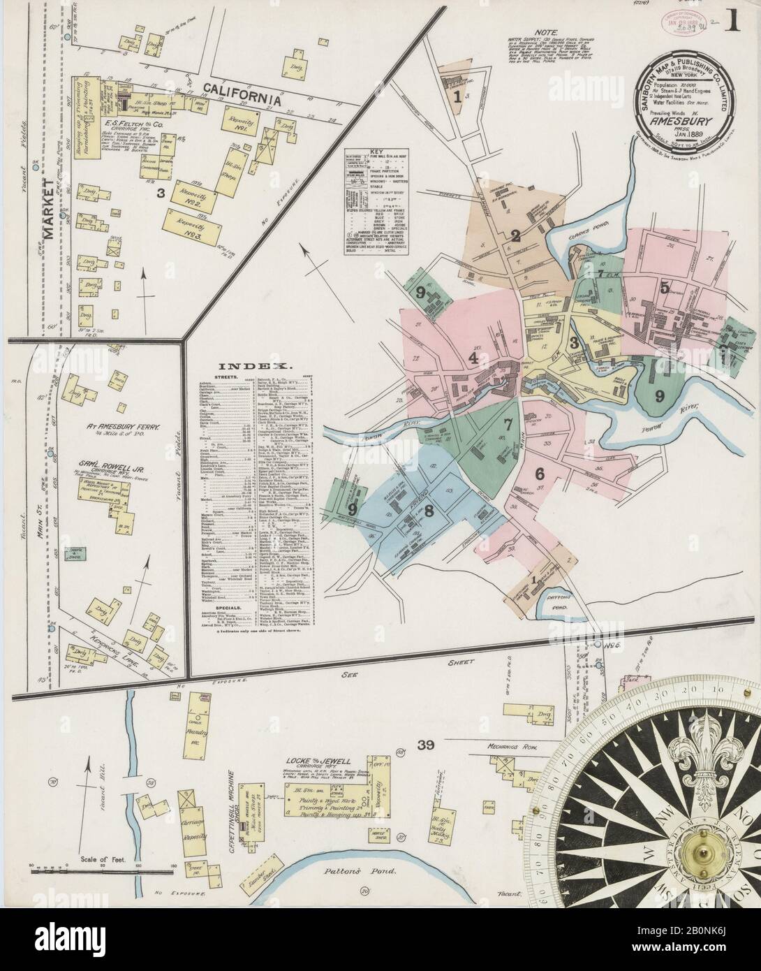Immagine 1 Della Mappa Sanborn Fire Insurance Di Amesbury, Essex County, Massachusetts. Gen 1889. 9 fogli, America, mappa stradale con una bussola Del Xix Secolo Foto Stock
