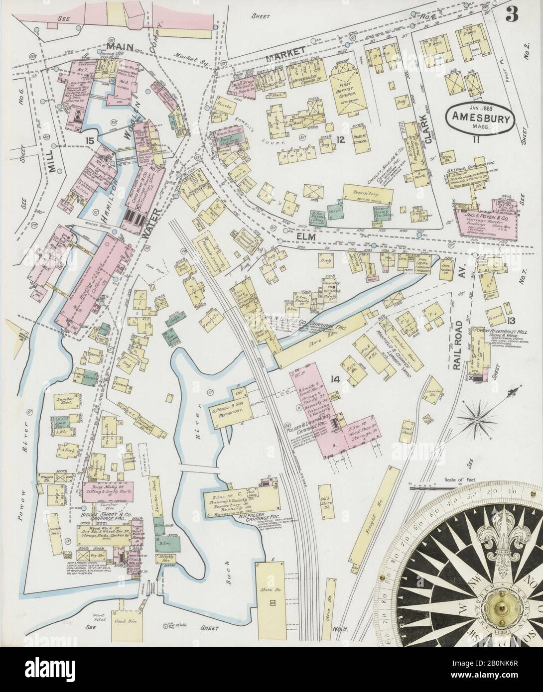 Immagine 3 Della Mappa Sanborn Fire Insurance Di Amesbury, Essex County, Massachusetts. Gen 1889. 9 fogli, America, mappa stradale con una bussola Del Xix Secolo Foto Stock
