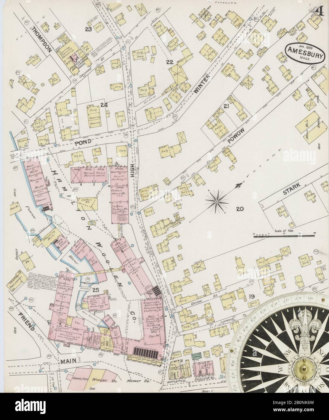 Immagine 4 Della Mappa Sanborn Fire Insurance Di Amesbury, Essex County, Massachusetts. Gen 1889. 9 fogli, America, mappa stradale con una bussola Del Xix Secolo Foto Stock