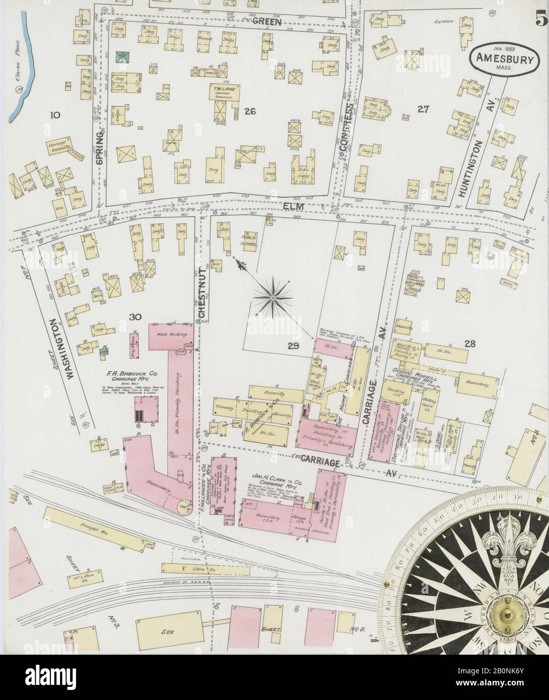 Immagine 5 Della Mappa Sanborn Fire Insurance Di Amesbury, Essex County, Massachusetts. Gen 1889. 9 fogli, America, mappa stradale con una bussola Del Xix Secolo Foto Stock
