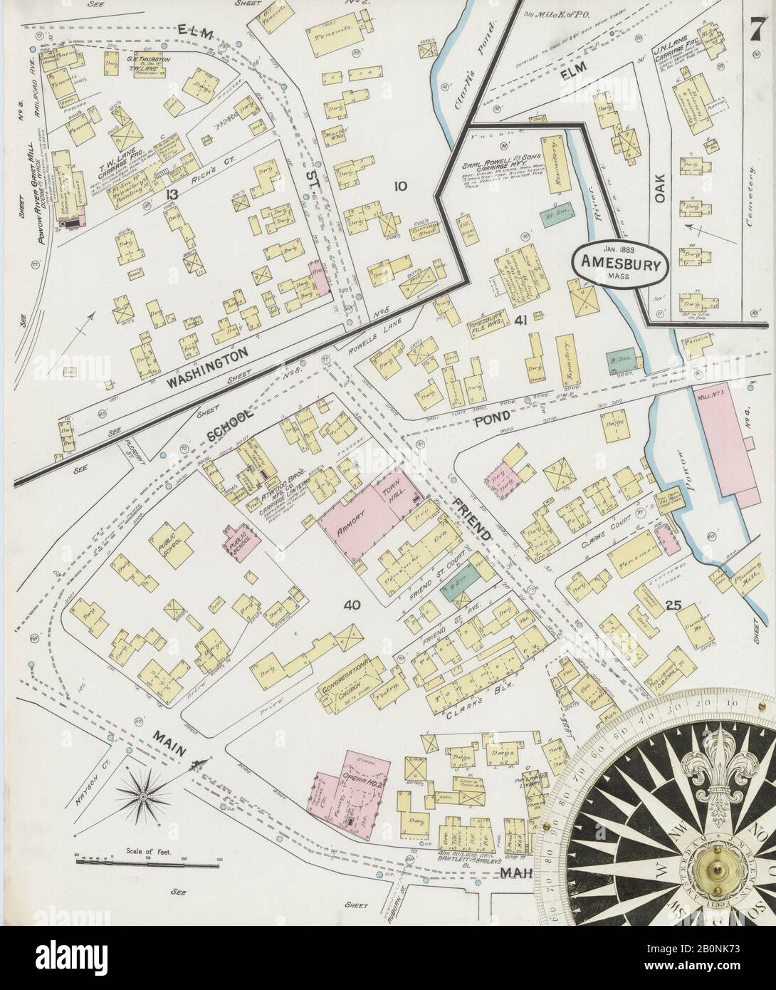 Immagine 7 Della Mappa Sanborn Fire Insurance Di Amesbury, Essex County, Massachusetts. Gen 1889. 9 fogli, America, mappa stradale con una bussola Del Xix Secolo Foto Stock
