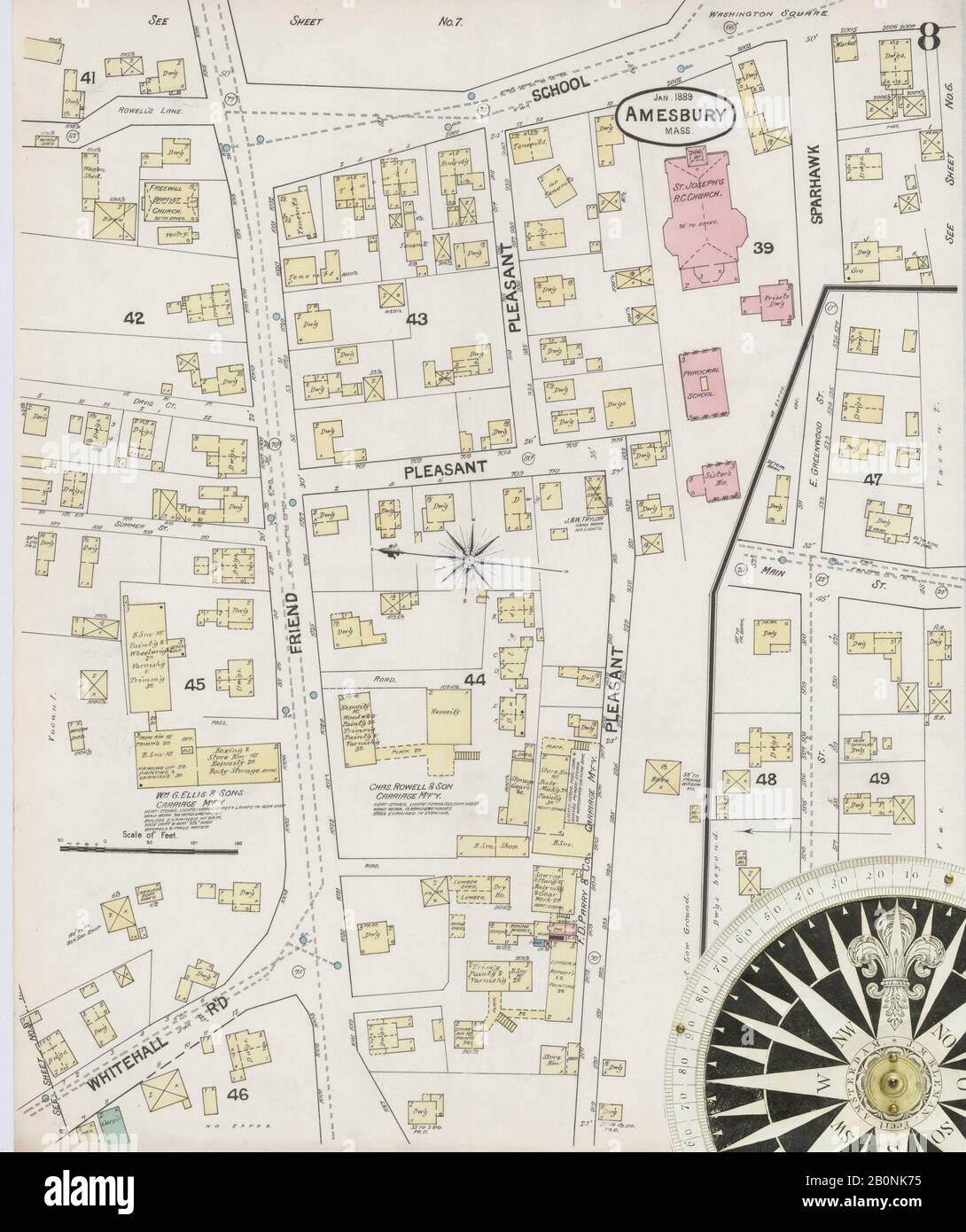 Immagine 8 Della Mappa Sanborn Fire Insurance Di Amesbury, Essex County, Massachusetts. Gen 1889. 9 fogli, America, mappa stradale con una bussola Del Xix Secolo Foto Stock