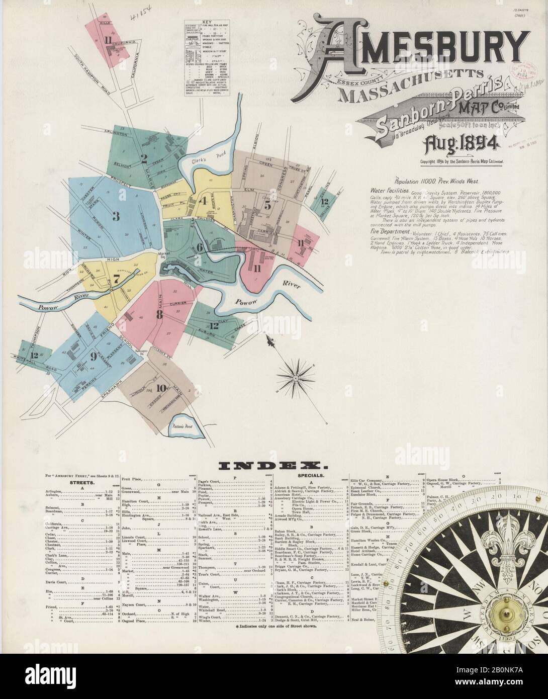 Immagine 1 Della Mappa Sanborn Fire Insurance Di Amesbury, Essex County, Massachusetts. Ago 1894. 12 fogli, America, mappa stradale con una bussola Del Xix Secolo Foto Stock