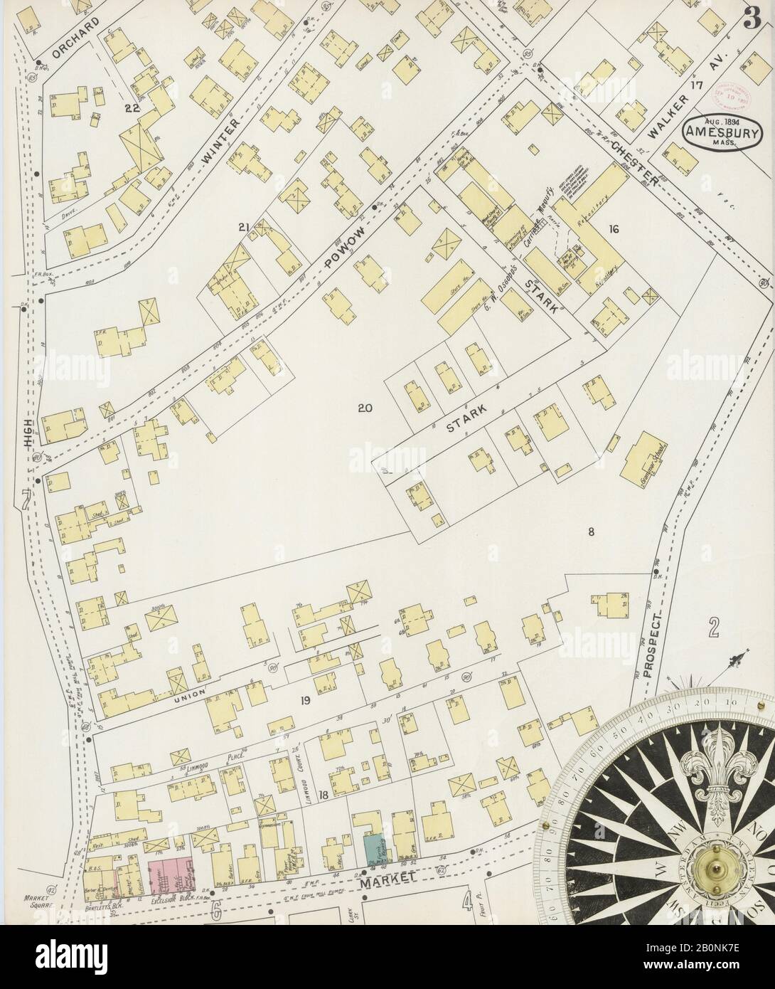 Immagine 3 Della Mappa Sanborn Fire Insurance Di Amesbury, Essex County, Massachusetts. Ago 1894. 12 fogli, America, mappa stradale con una bussola Del Xix Secolo Foto Stock