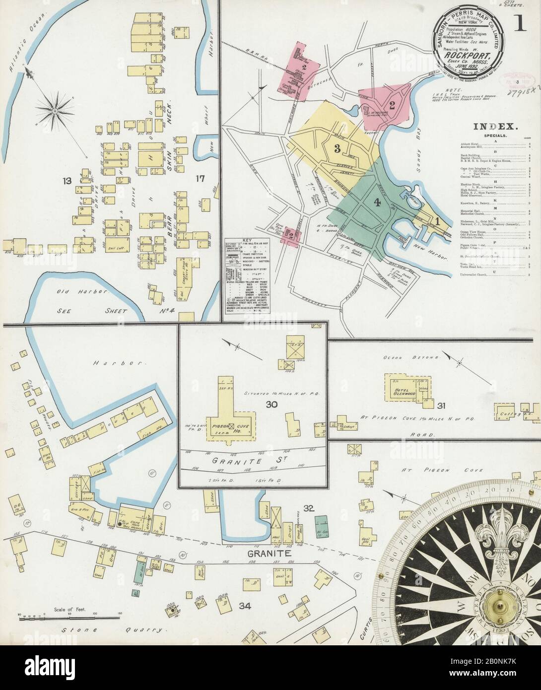 Immagine 1 Della Mappa Sanborn Fire Insurance Di Rockport, Essex County, Massachusetts. Giu 1892. 4 fogli, America, mappa stradale con una bussola Del Xix Secolo Foto Stock