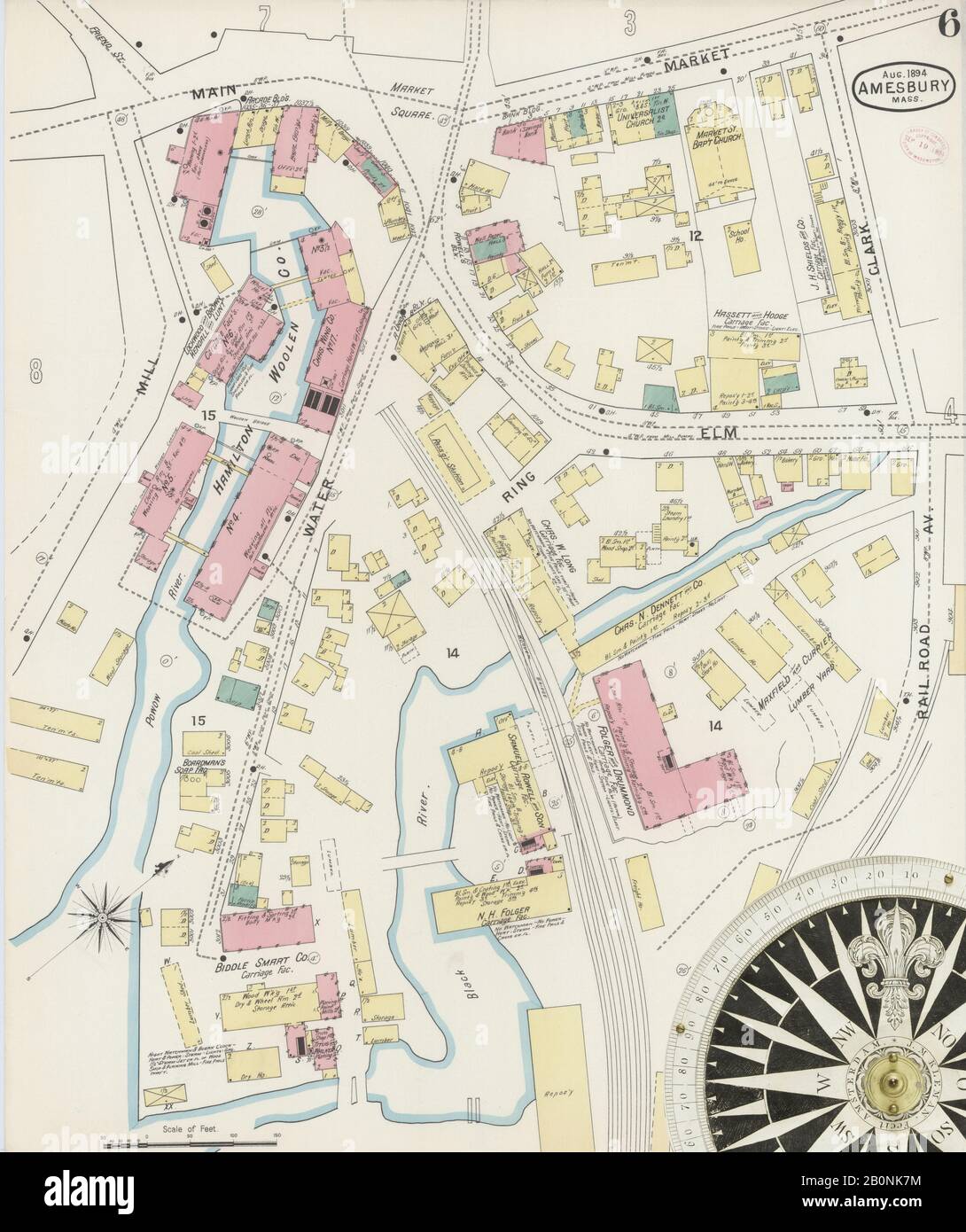 Immagine 6 Della Mappa Sanborn Fire Insurance Di Amesbury, Essex County, Massachusetts. Ago 1894. 12 fogli, America, mappa stradale con una bussola Del Xix Secolo Foto Stock