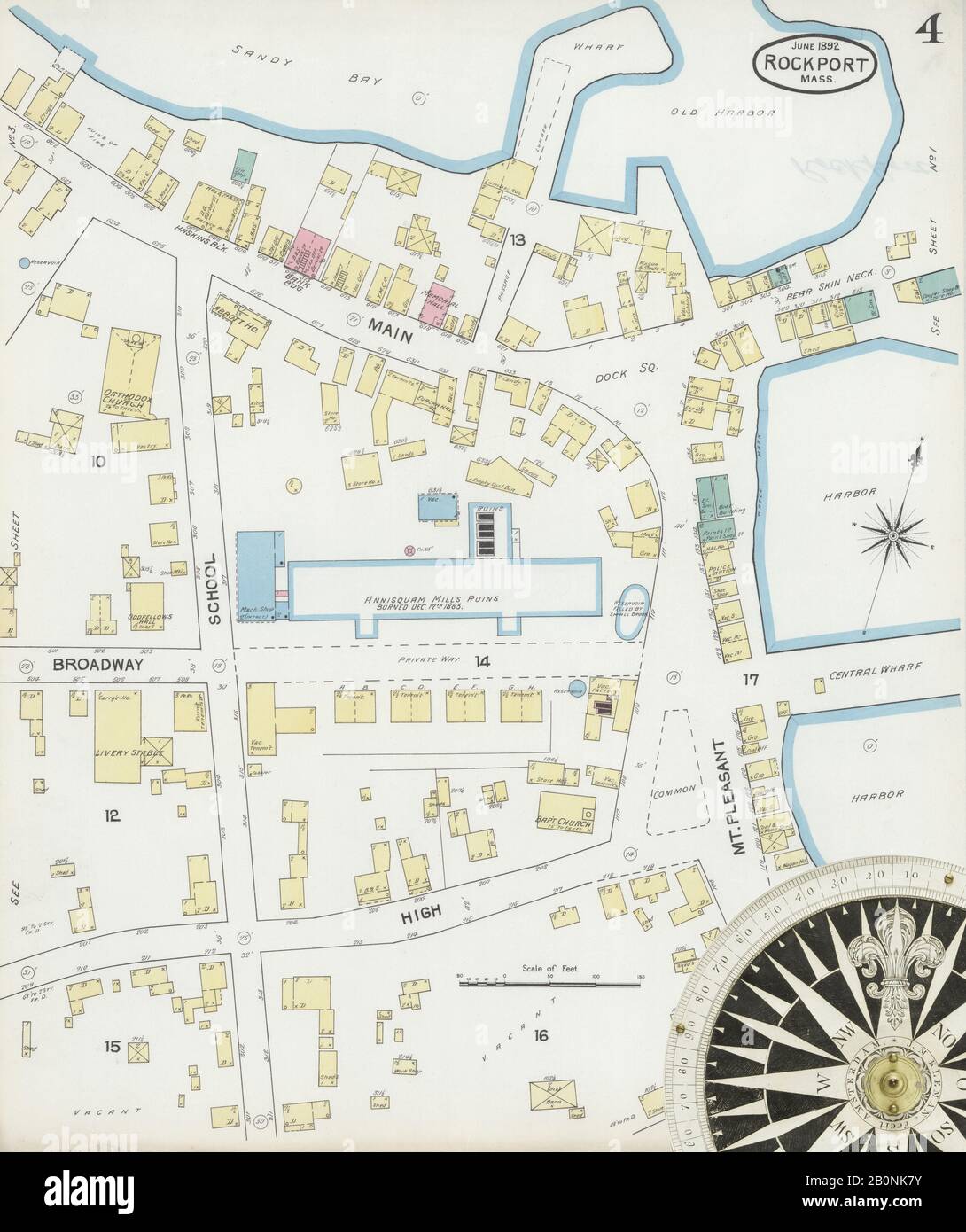 Immagine 4 Della Mappa Sanborn Fire Insurance Da Rockport, Essex County, Massachusetts. Giu 1892. 4 fogli, America, mappa stradale con una bussola Del Xix Secolo Foto Stock