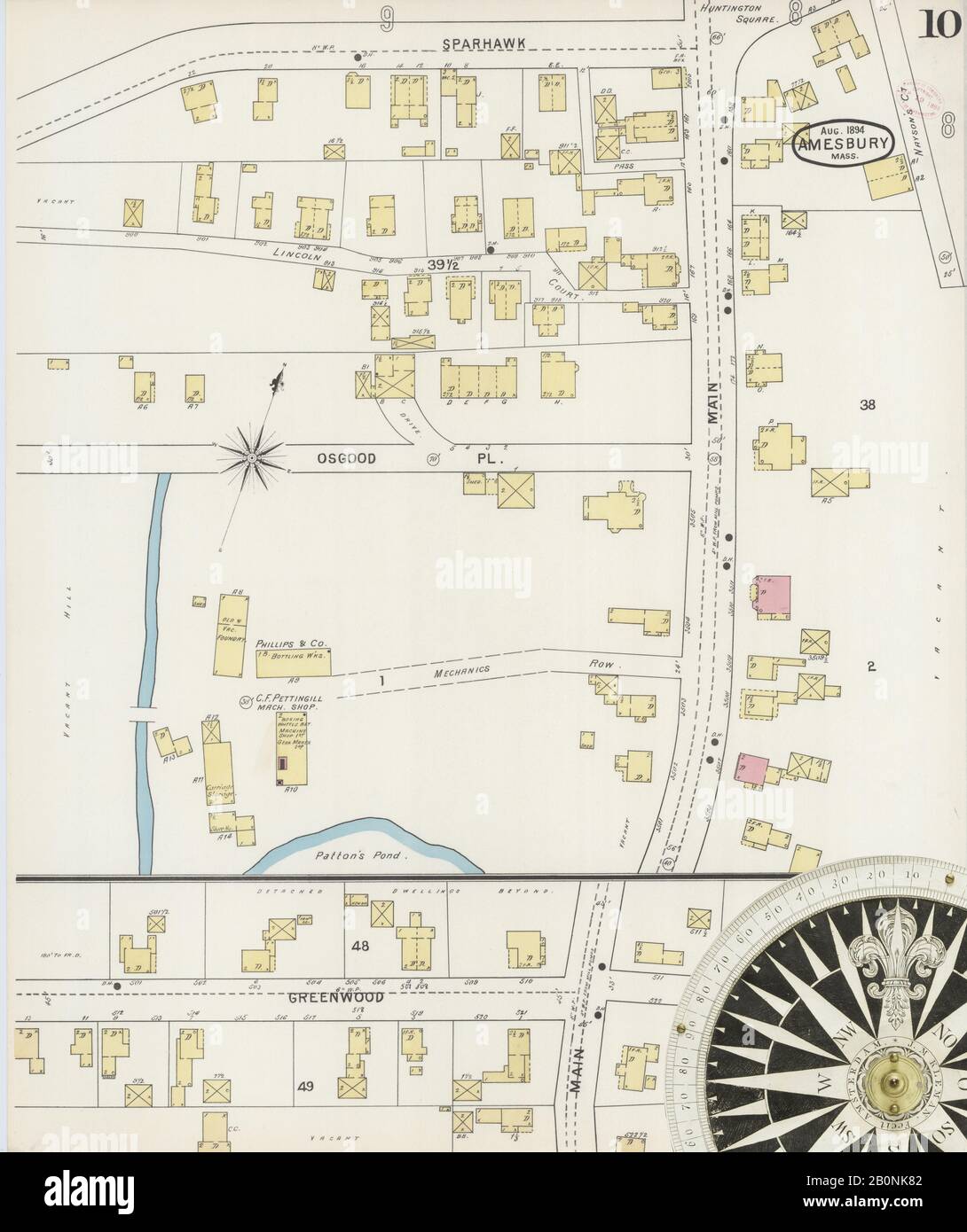 Immagine 10 Della Mappa Sanborn Fire Insurance Di Amesbury, Essex County, Massachusetts. Ago 1894. 12 fogli, America, mappa stradale con una bussola Del Xix Secolo Foto Stock