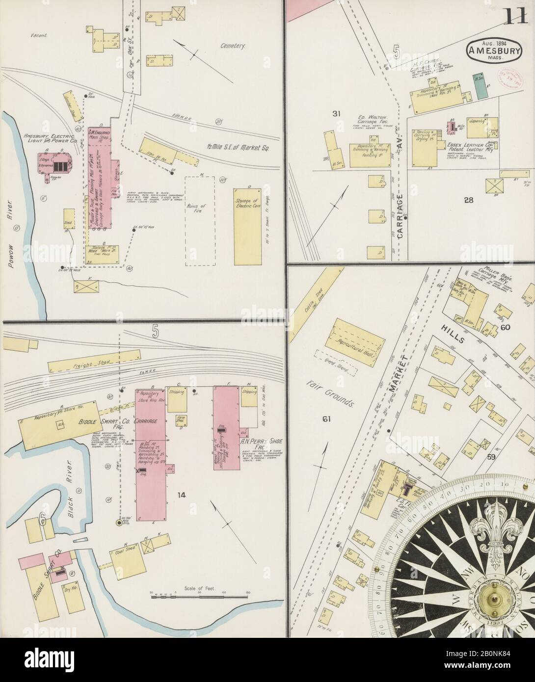 Immagine 11 Della Mappa Sanborn Fire Insurance Di Amesbury, Essex County, Massachusetts. Ago 1894. 12 fogli, America, mappa stradale con una bussola Del Xix Secolo Foto Stock