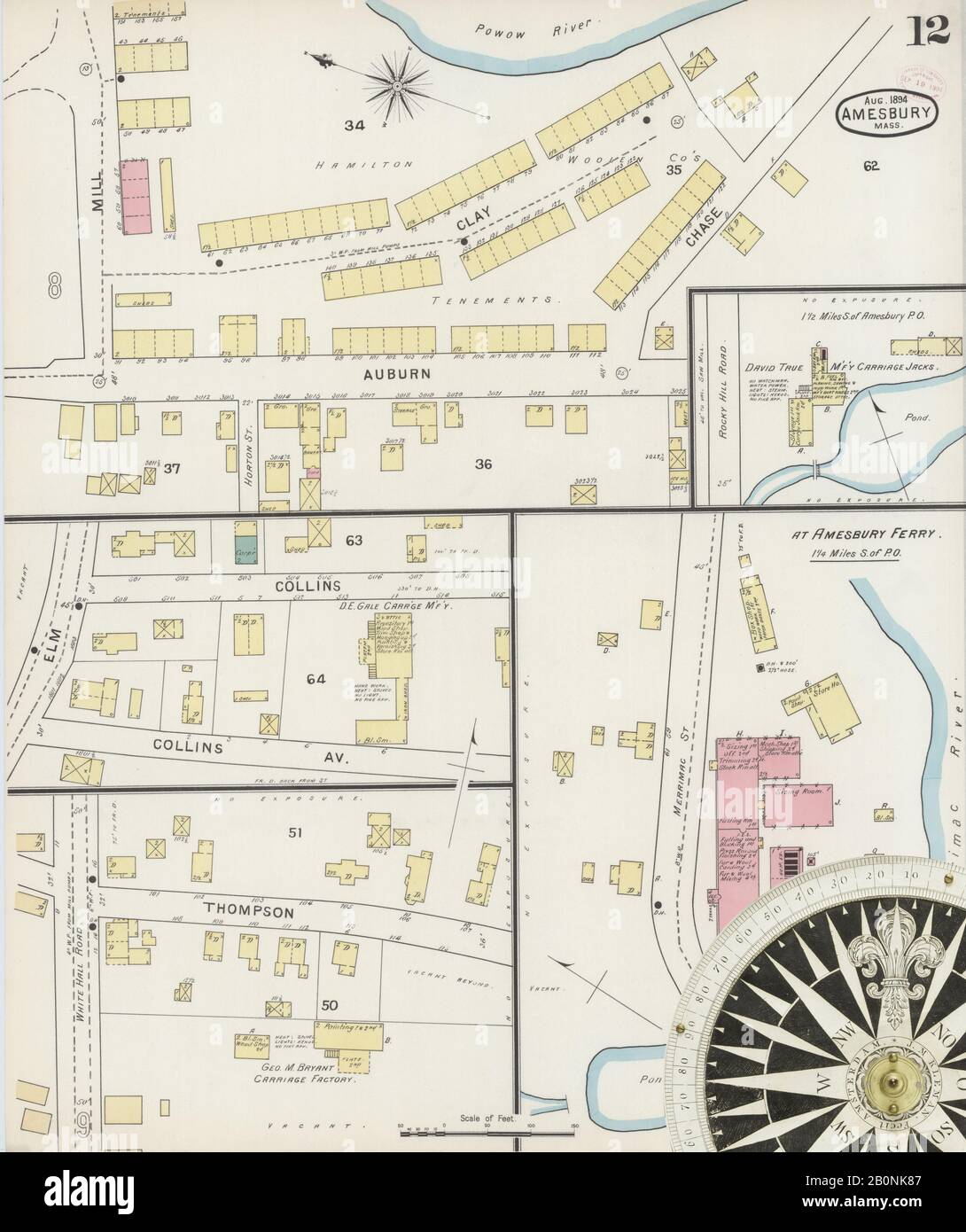 Immagine 12 Della Mappa Sanborn Fire Insurance Di Amesbury, Essex County, Massachusetts. Ago 1894. 12 fogli, America, mappa stradale con una bussola Del Xix Secolo Foto Stock