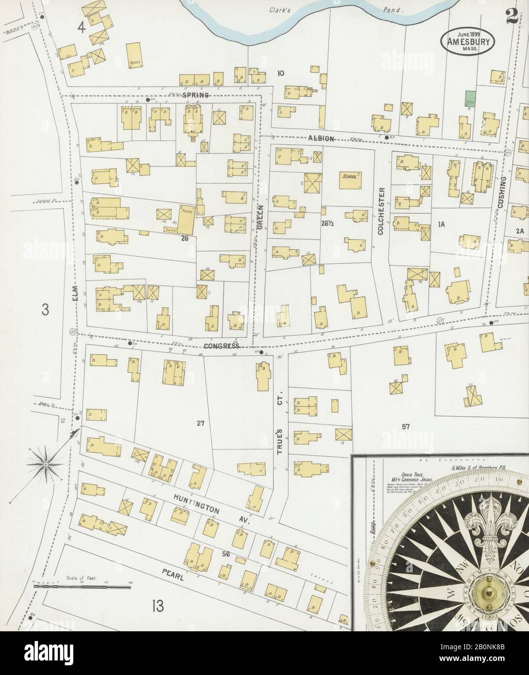 Immagine 2 Della Mappa Sanborn Fire Insurance Di Amesbury, Essex County, Massachusetts. Giu 1899. 14 fogli, America, mappa stradale con una bussola Del Xix Secolo Foto Stock